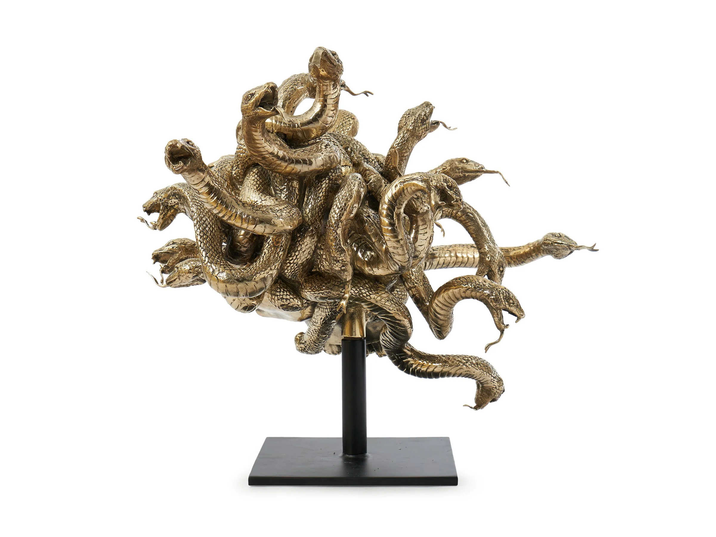 Rear view of Medusa Sculpture displaying the density and detail of bronze snake forms.