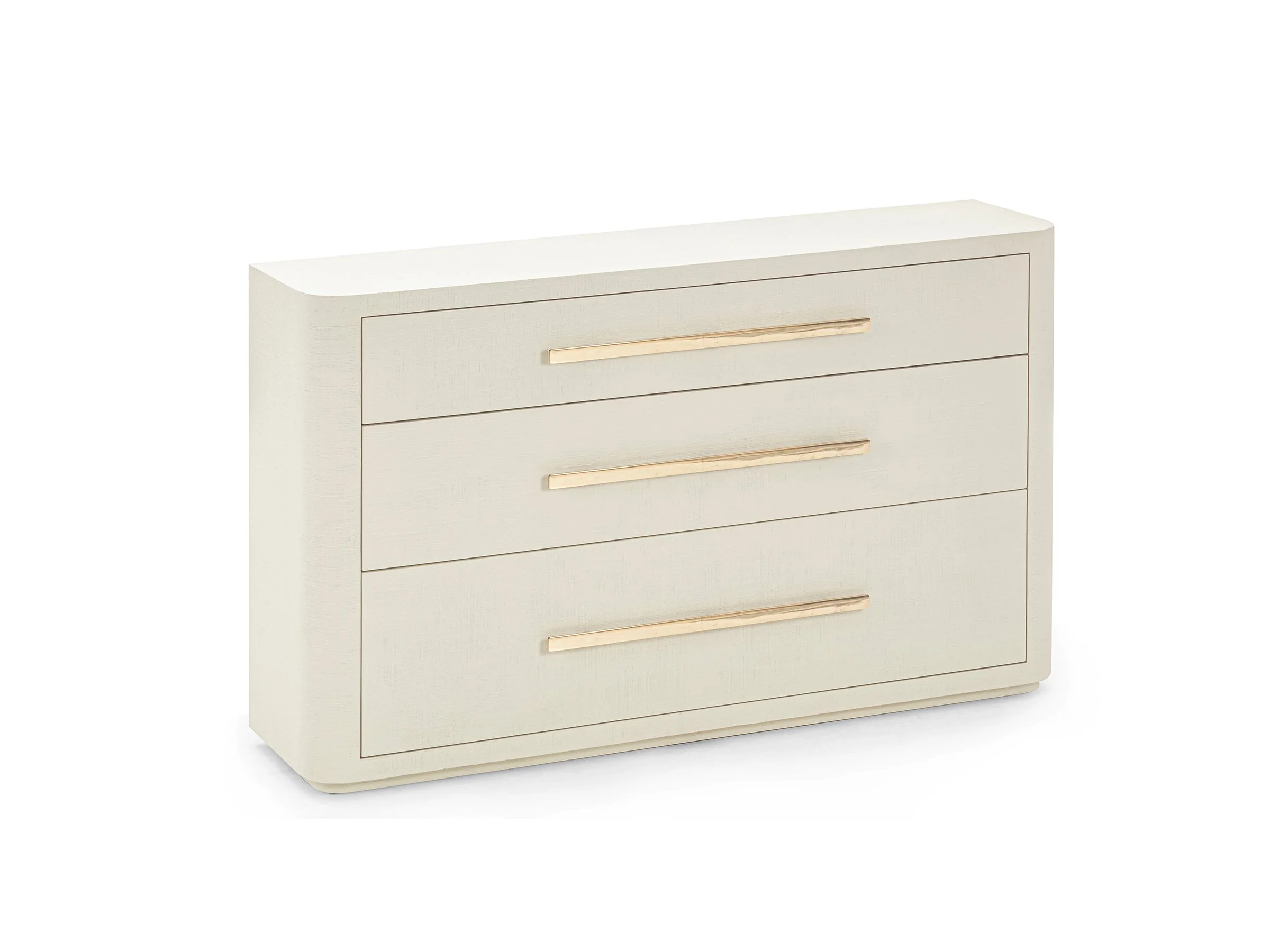 Angled front view of Chauncy Chest showing smooth lacquered linen texture