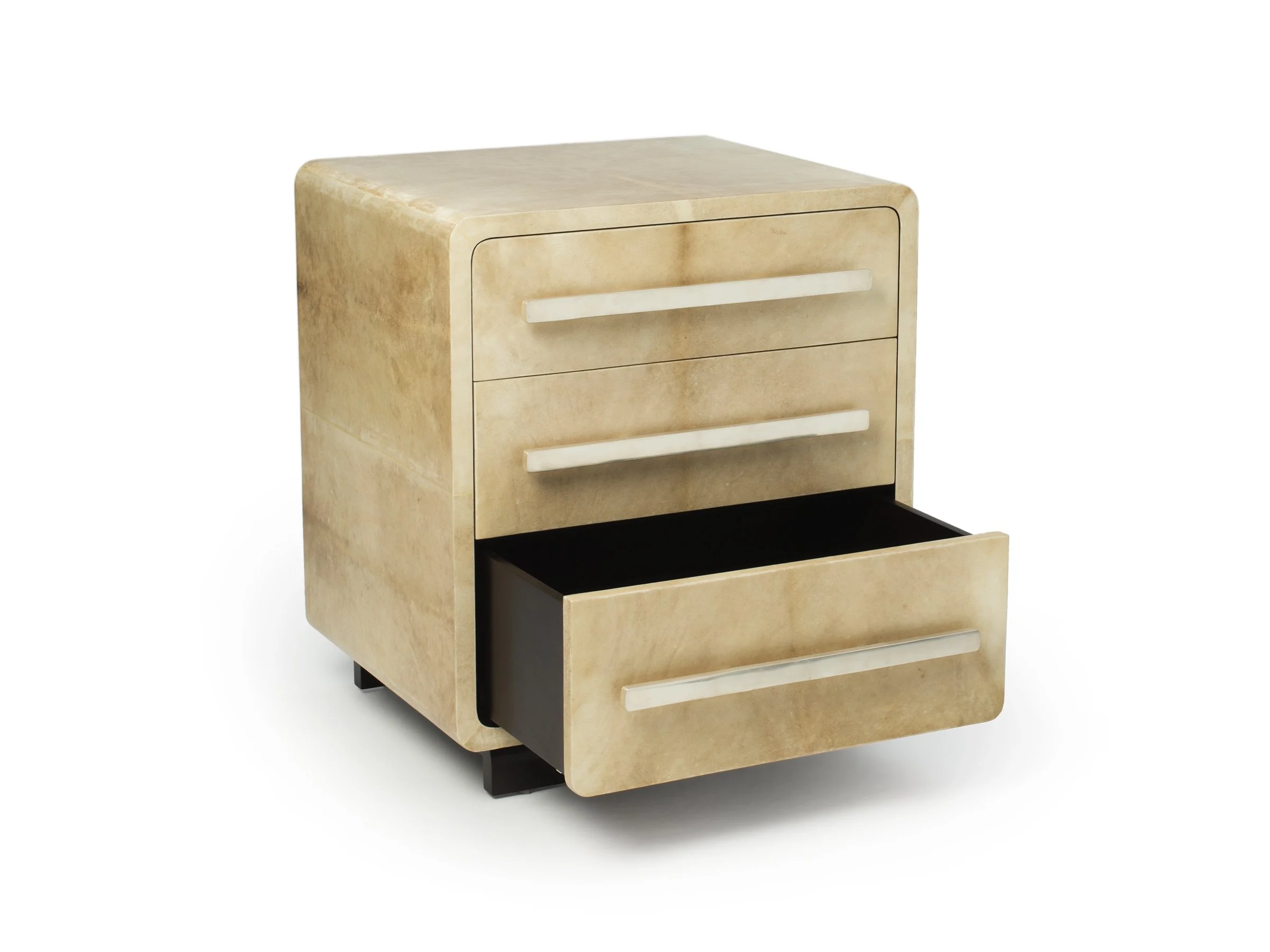 Glenn Stand in Natural Parchment with bronze pulls, angle view, drawer open