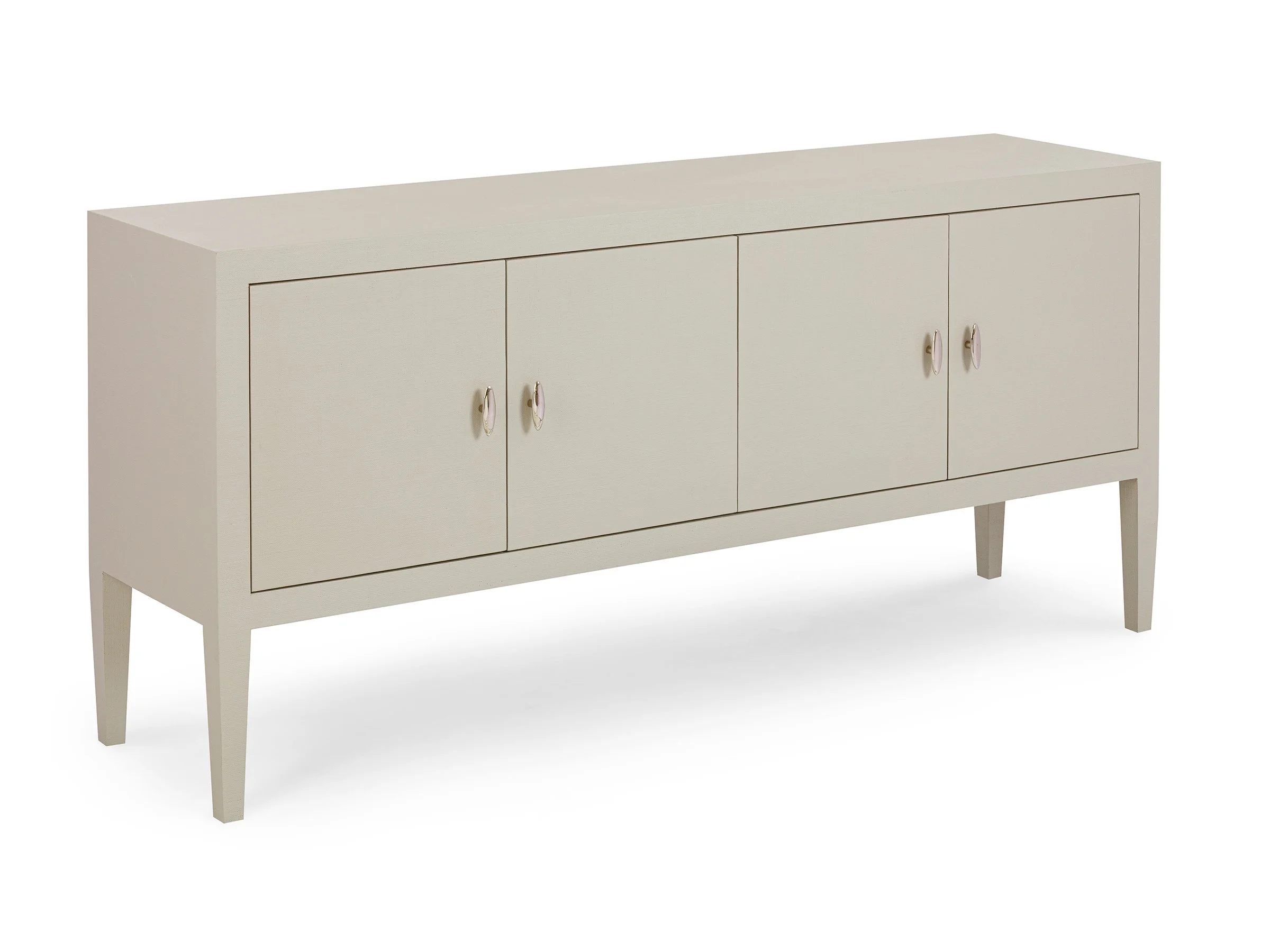 Front angle view of Matthew 4-Door Cabinet in Nimbus Lacquered Linen with minimalist hardware