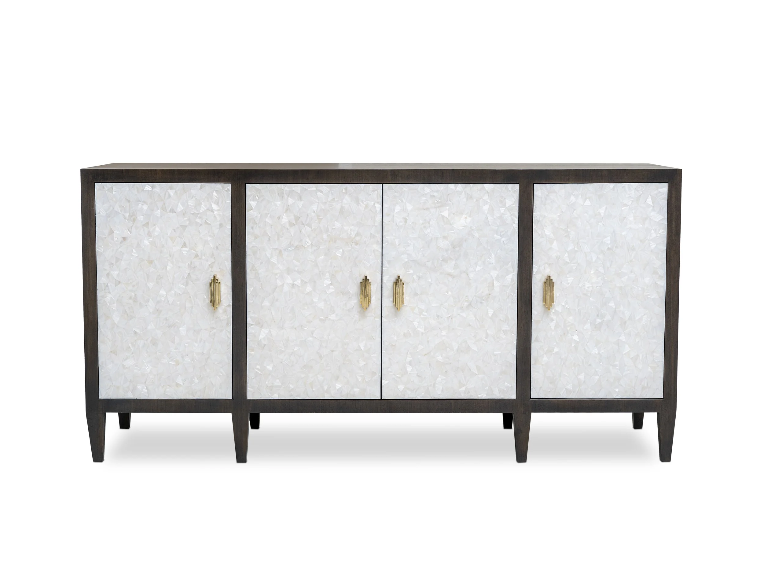 Front view of The Mercer Credenza in dark walnut with white mother-of-pearl fronts and polished bronze handles