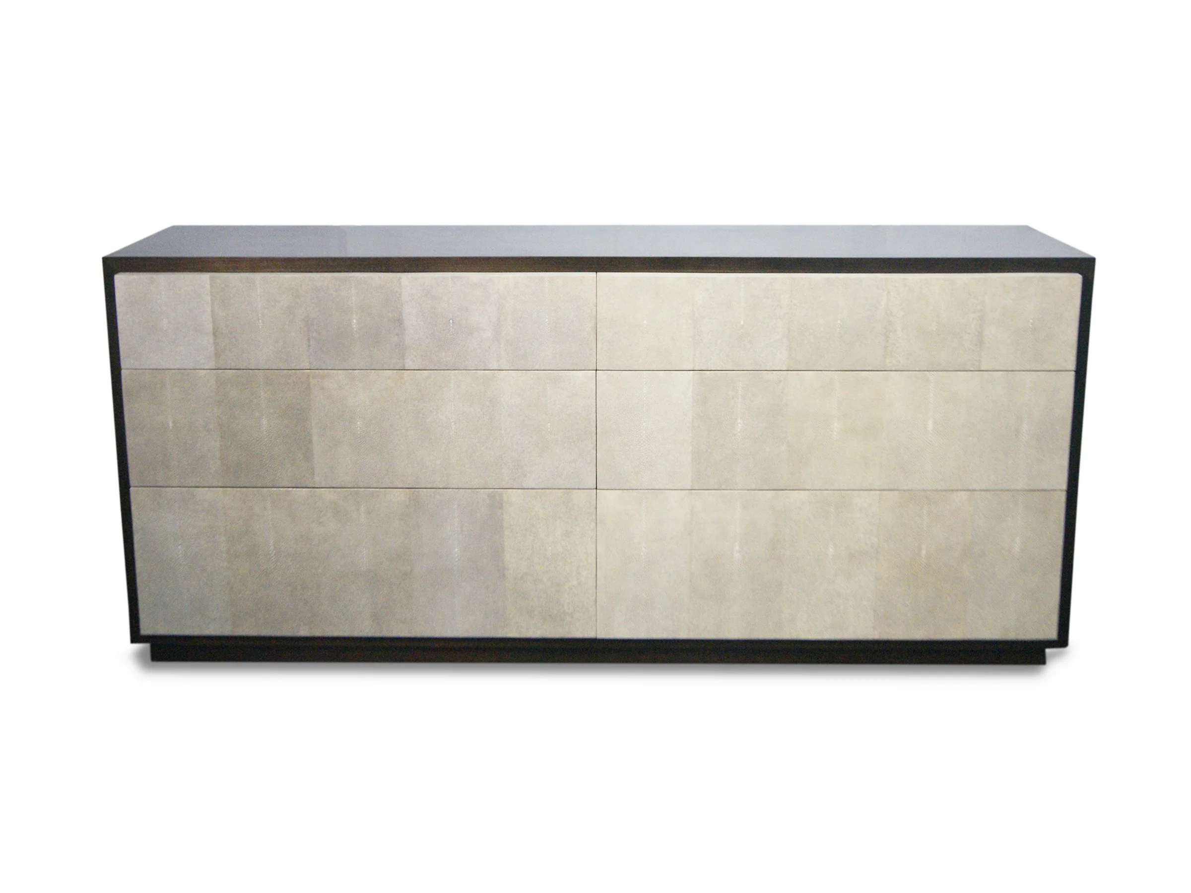 Front view of the William chest in Dark Walnut and Antique Shagreen drawer fronts.