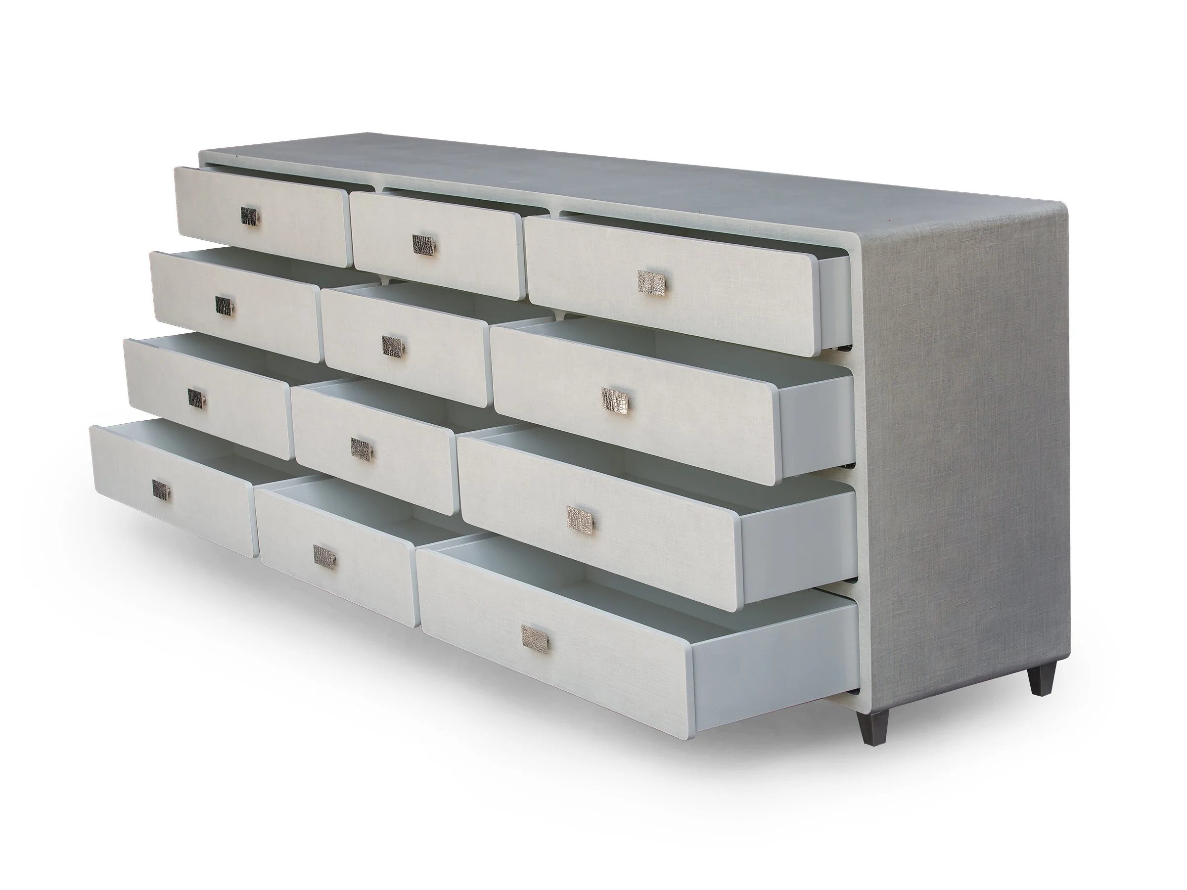 Front angle view of the Glenn Long Dresser with bronze “alligator” handles in Snow Lacquered Linen-drawers open