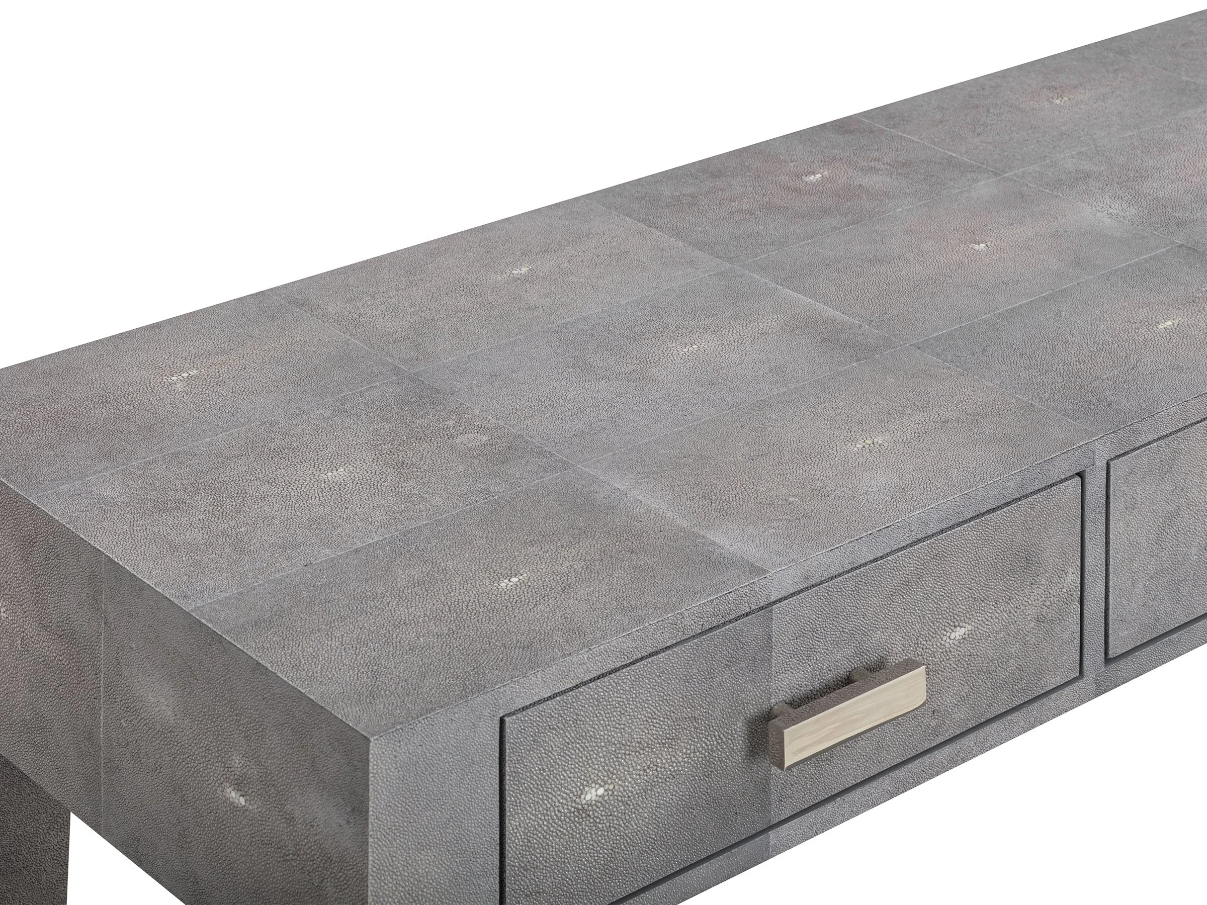Detail view of the Hathaway Desk in Onyx Shagreen with Bronze hardware