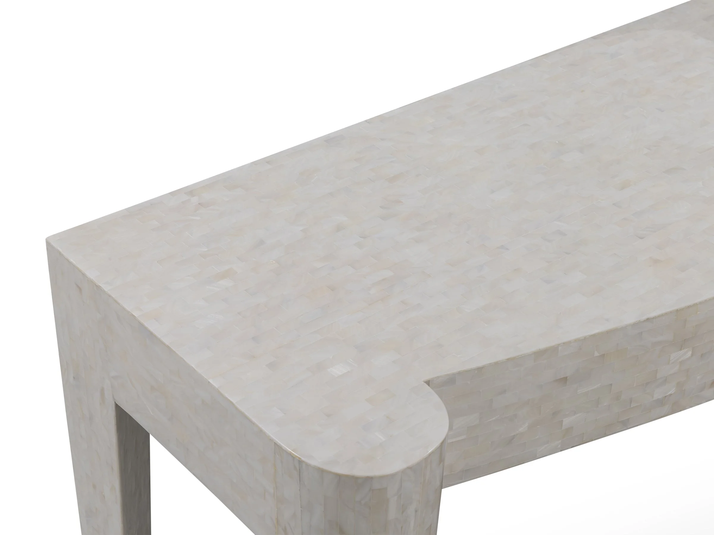 Custom sized Butler Console in White Mother of Pearl finish, detail view.