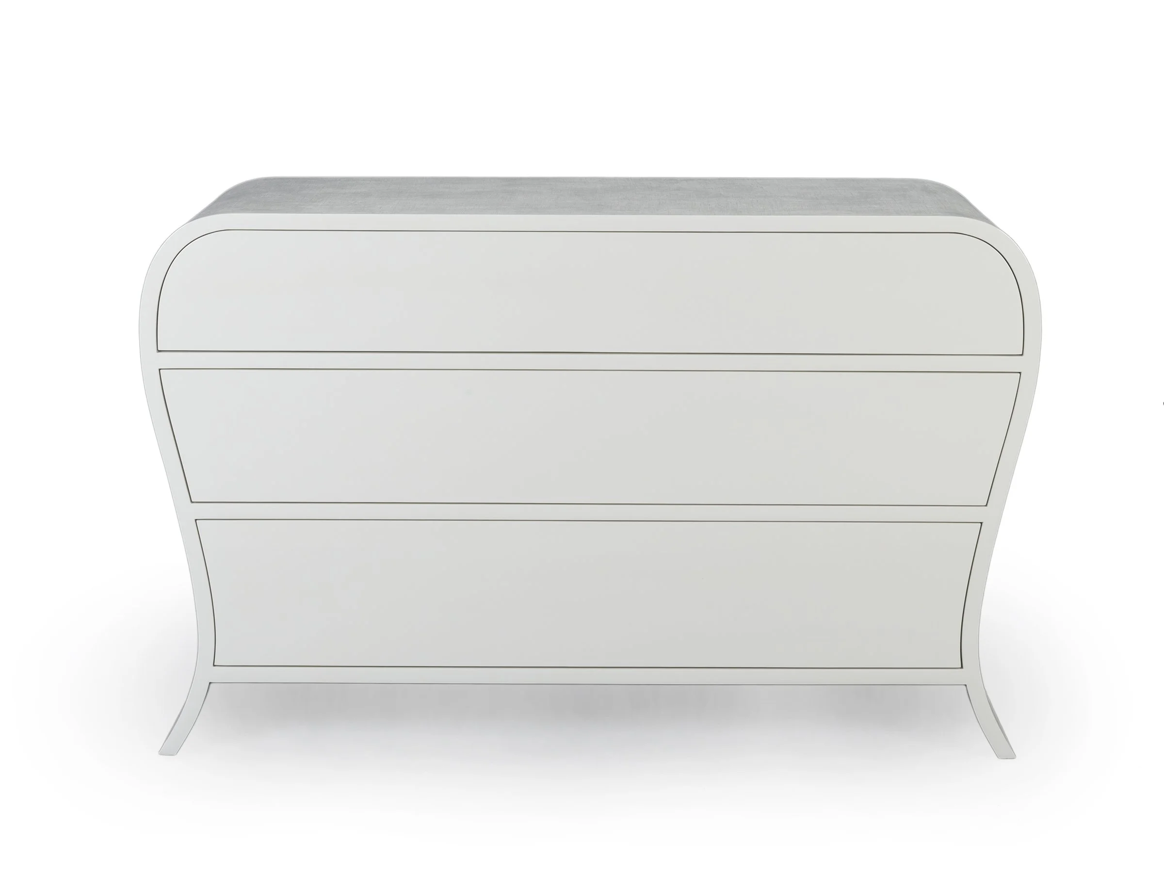 Front view of Edna Dresser in Talc Lacquered Linen with three drawers