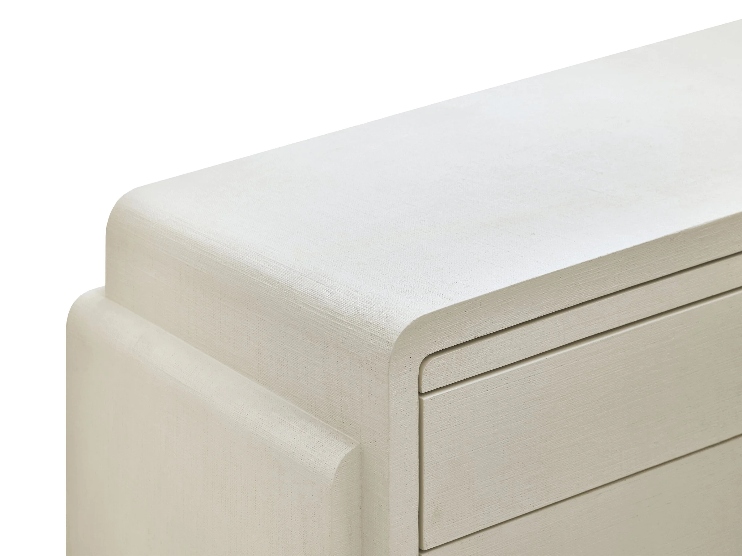 Detail view of the Phillip Buffet in Talc Lacquered Linen