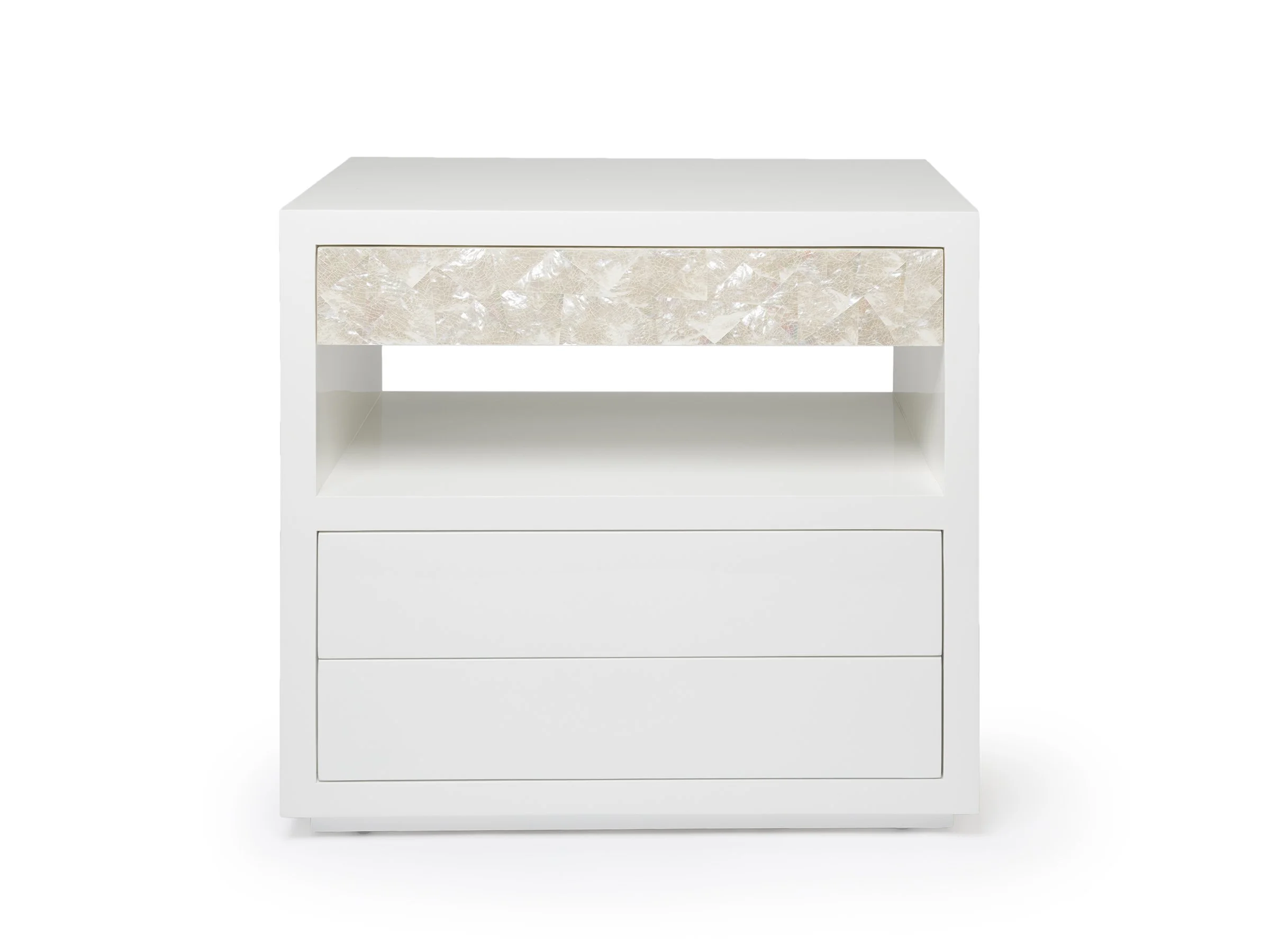 Front view of the Jean Cabinet in Talc Lacquered Linen with White Mother-of-Pearl.