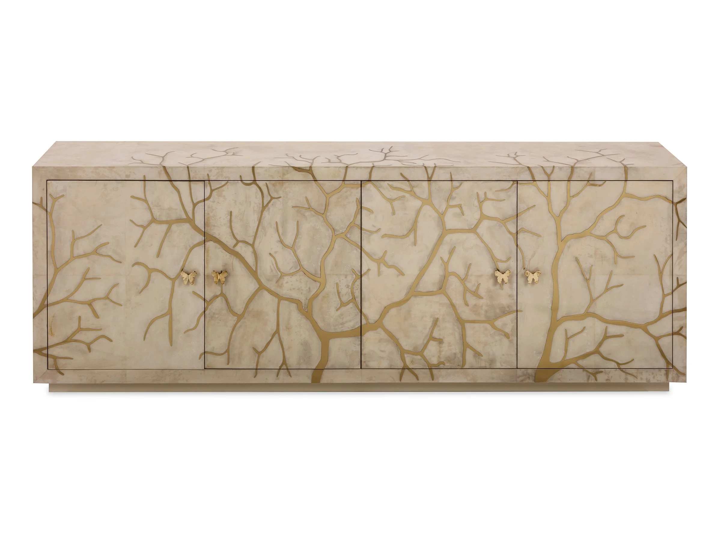 Faux Bois Cabinet in natural parchment with inlaid polished bronze branches and butterfly pulls.