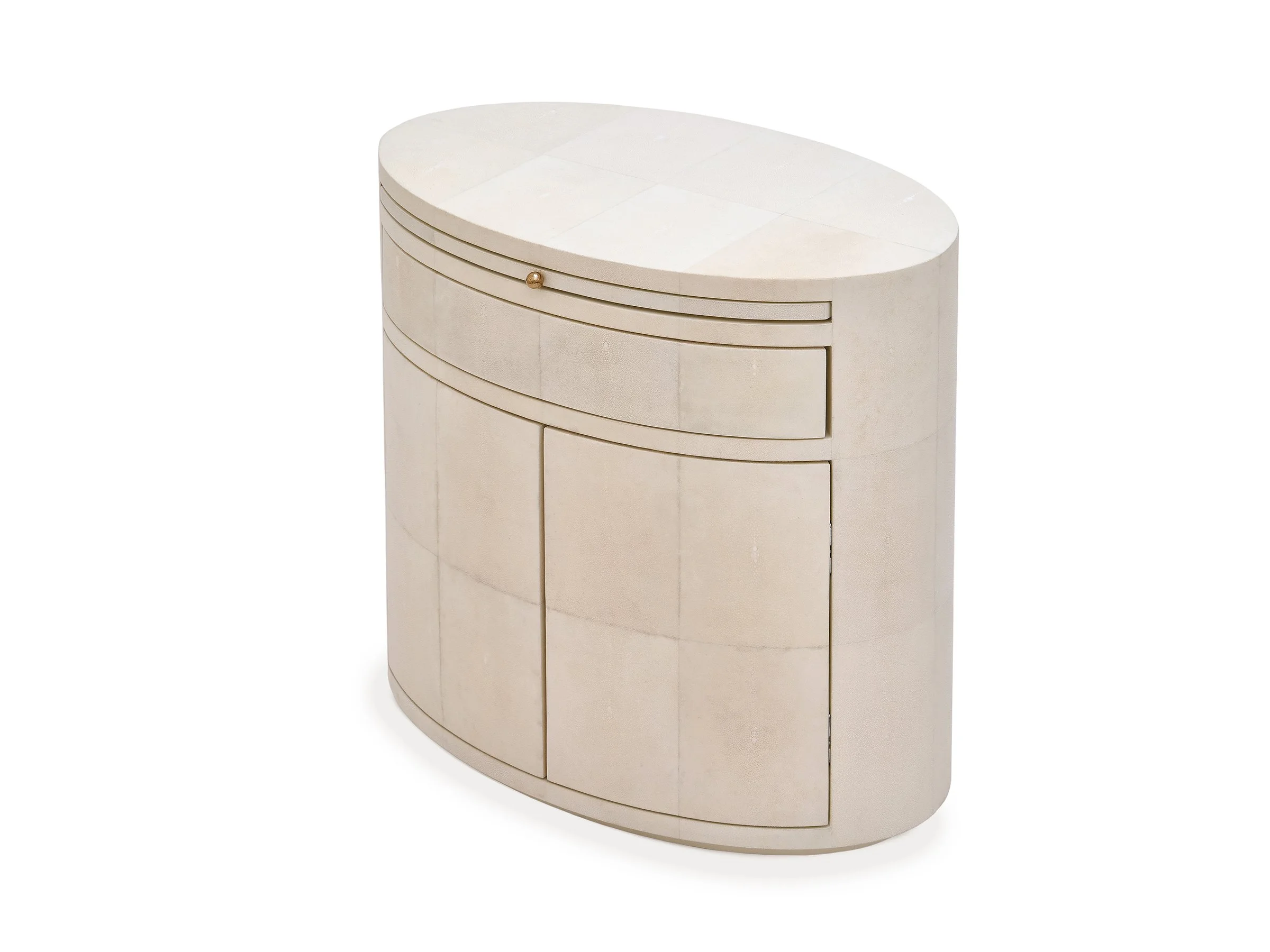 Side angled view of the Betty Cabinet in ivory shagreen