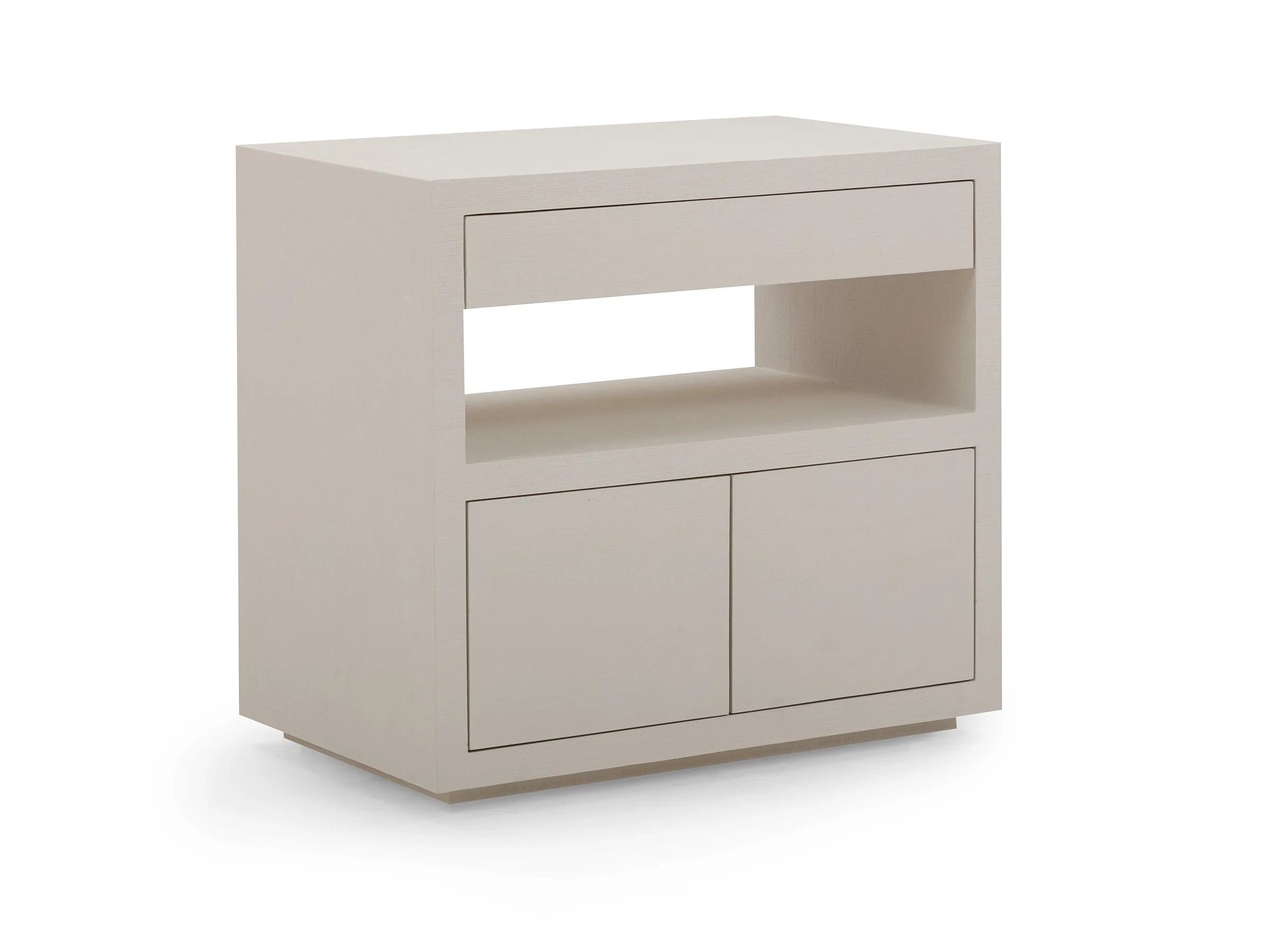 Angle view of the Jean Cabinet in Biscuit Lacquered Linen