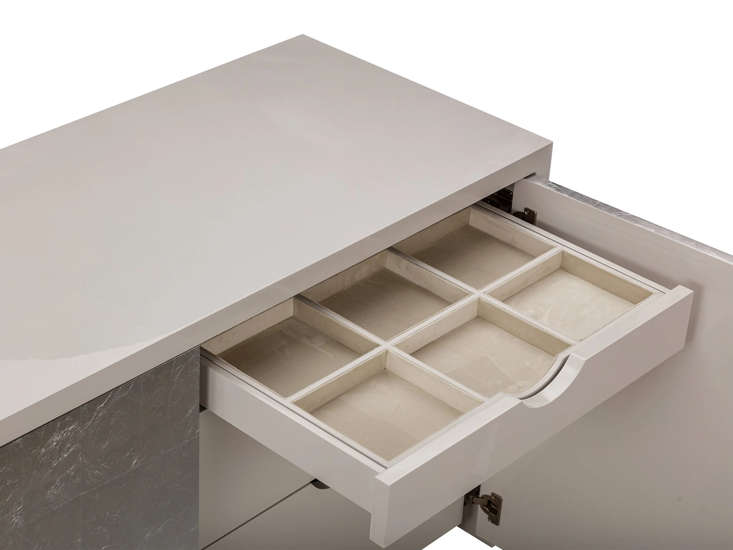 Liz Cabinet in Shoreline Lacquer with bronze handles-front view with doors open showing organized drawer storage