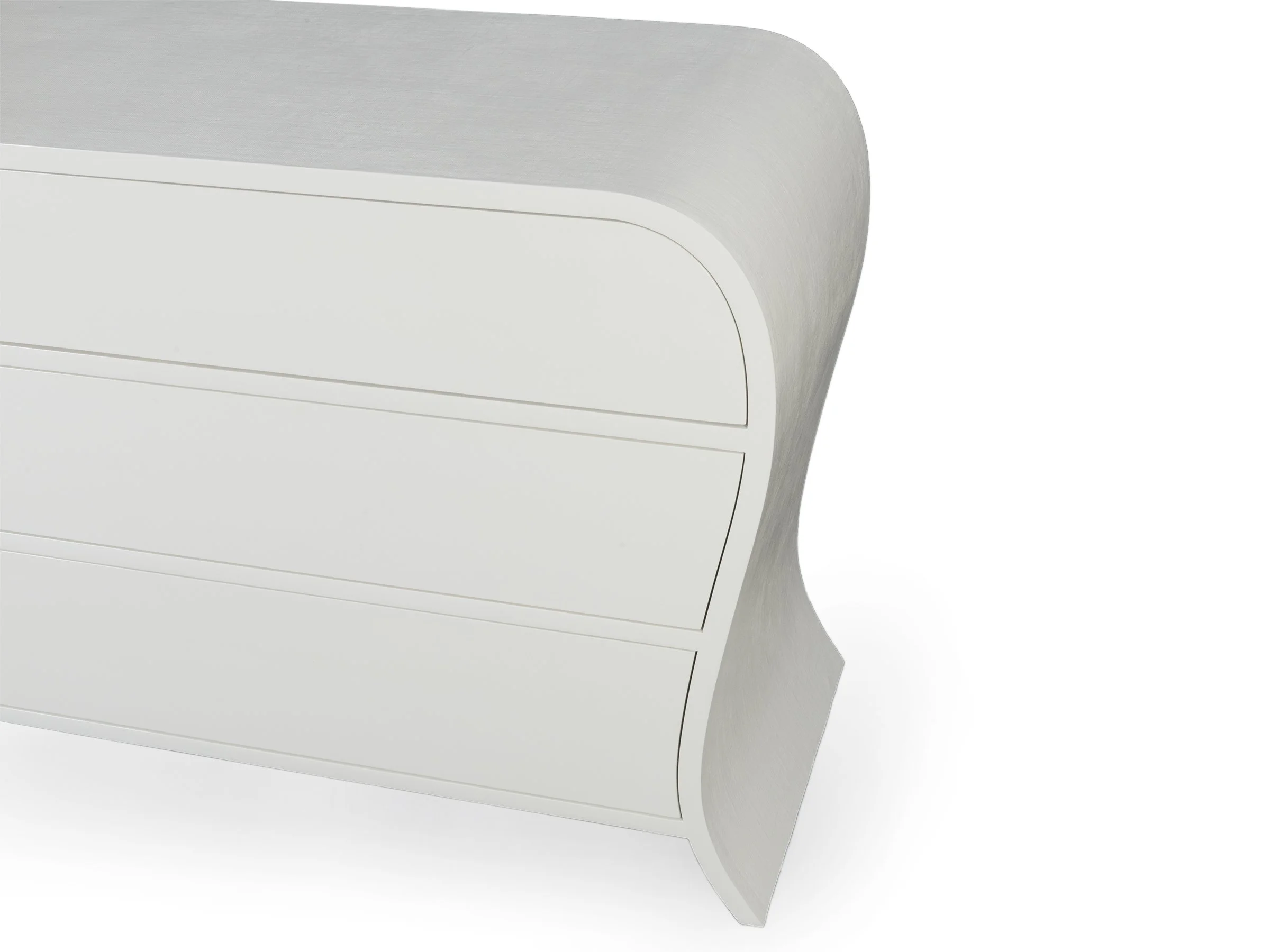 Detail view of Edna Dresser in Talc Lacquered Linen showing texture and curve