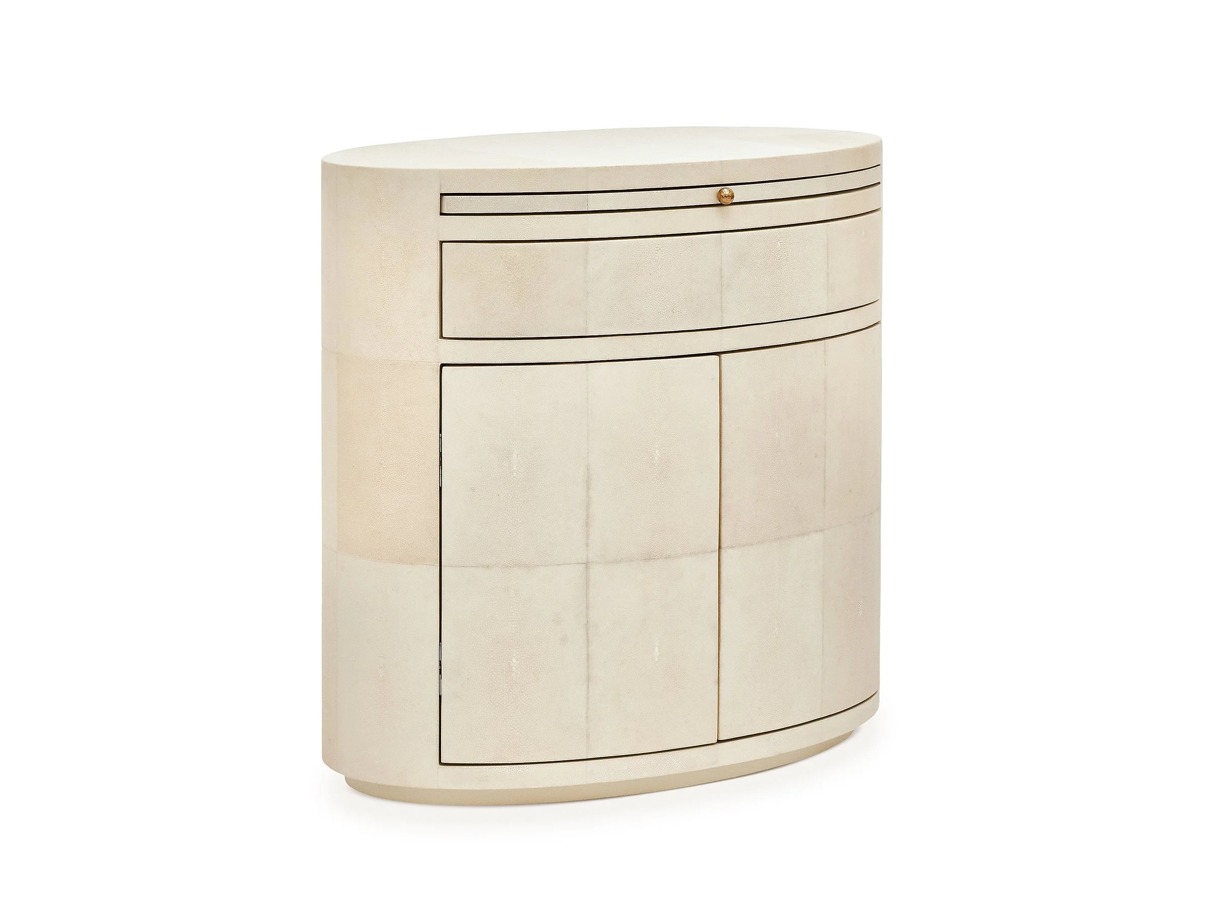 Front angled view of the Betty Cabinet in ivory shagreen with bronze knob