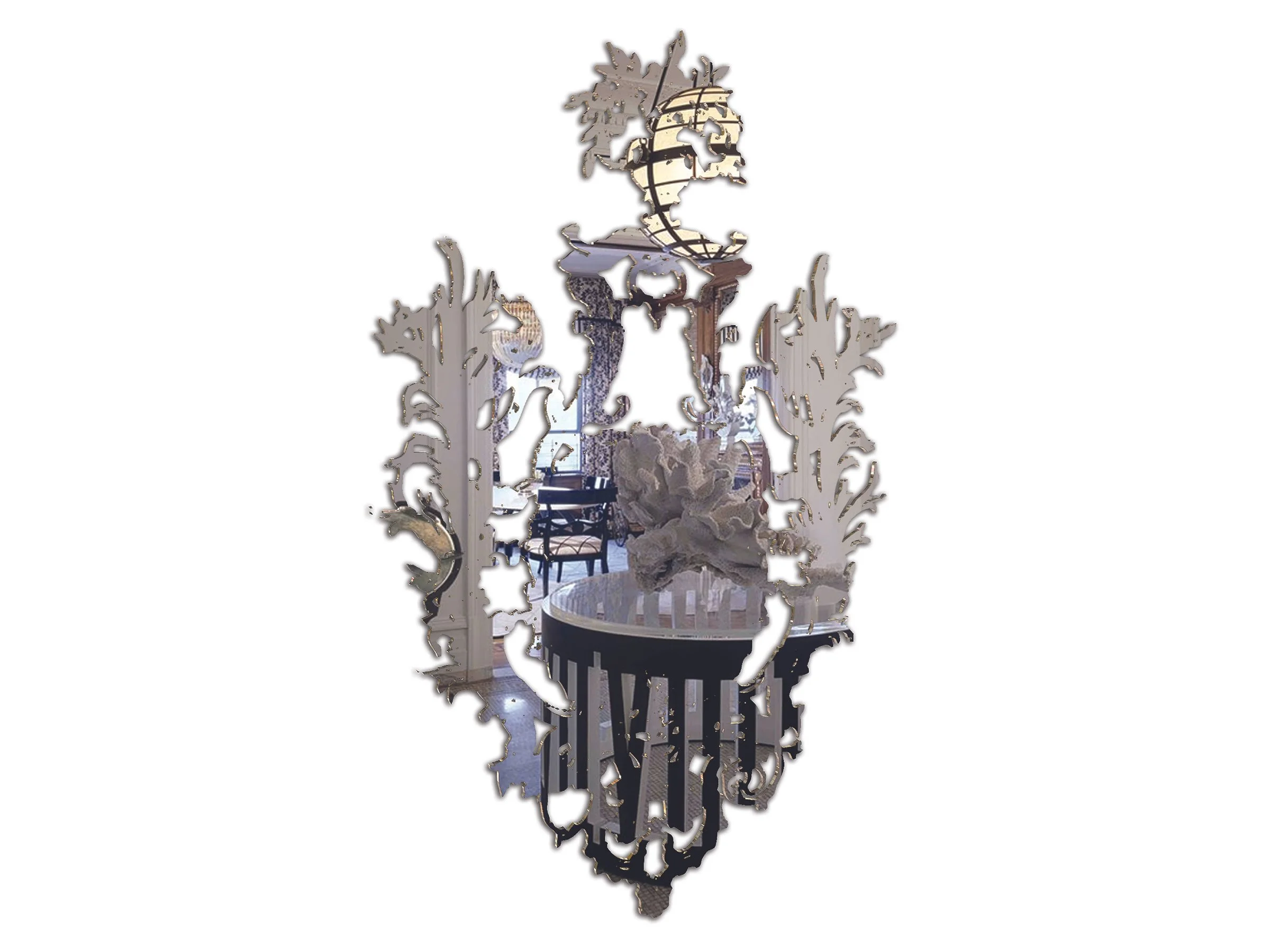 Rococo Mirror in mirror-polished stainless steel, featuring laser-cut scrollwork and intricate baroque-style curves, mounted on a white background reflecting a decorative interior space.
