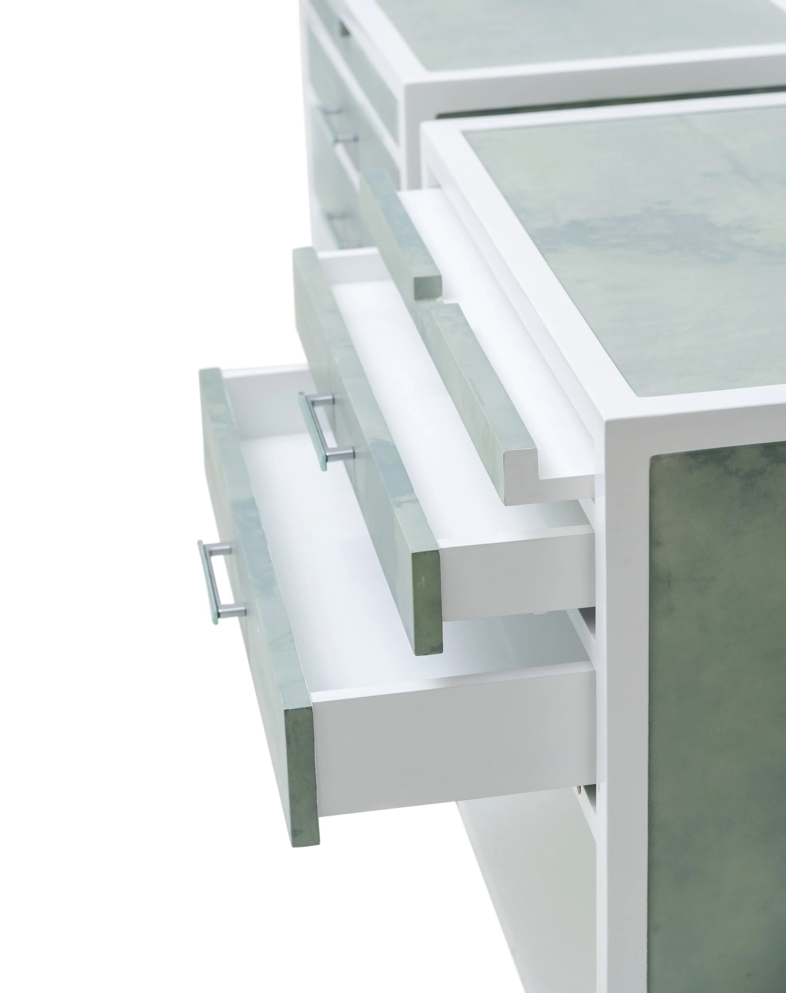 Pair of Zelda Nightstands in custom parchment and talc lacquer finish, side view.