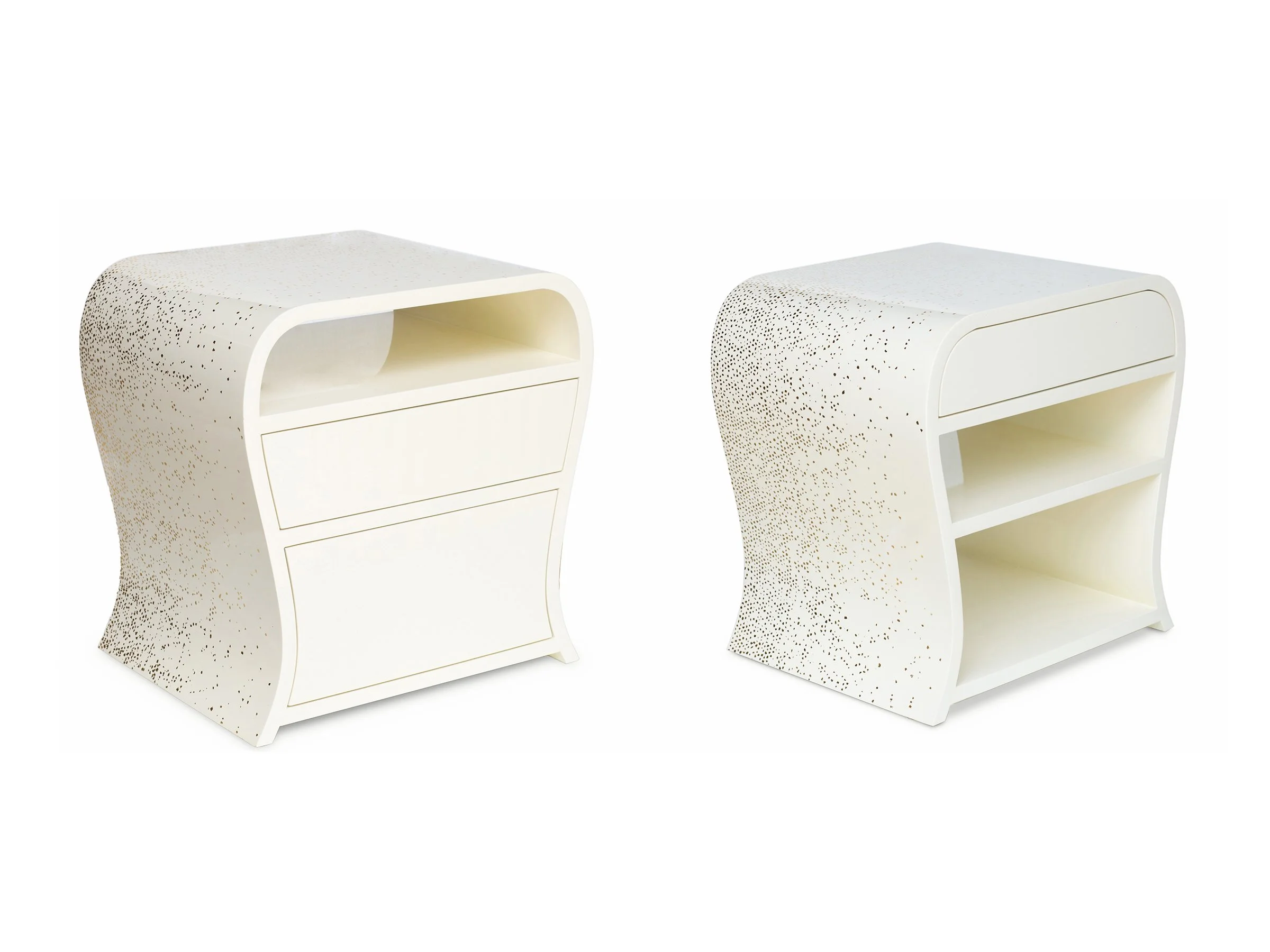 Pair of Edna Nightstands in Biscuit/Gold Inlay Eggshell Lacquer, one with two drawers and one with open shelving