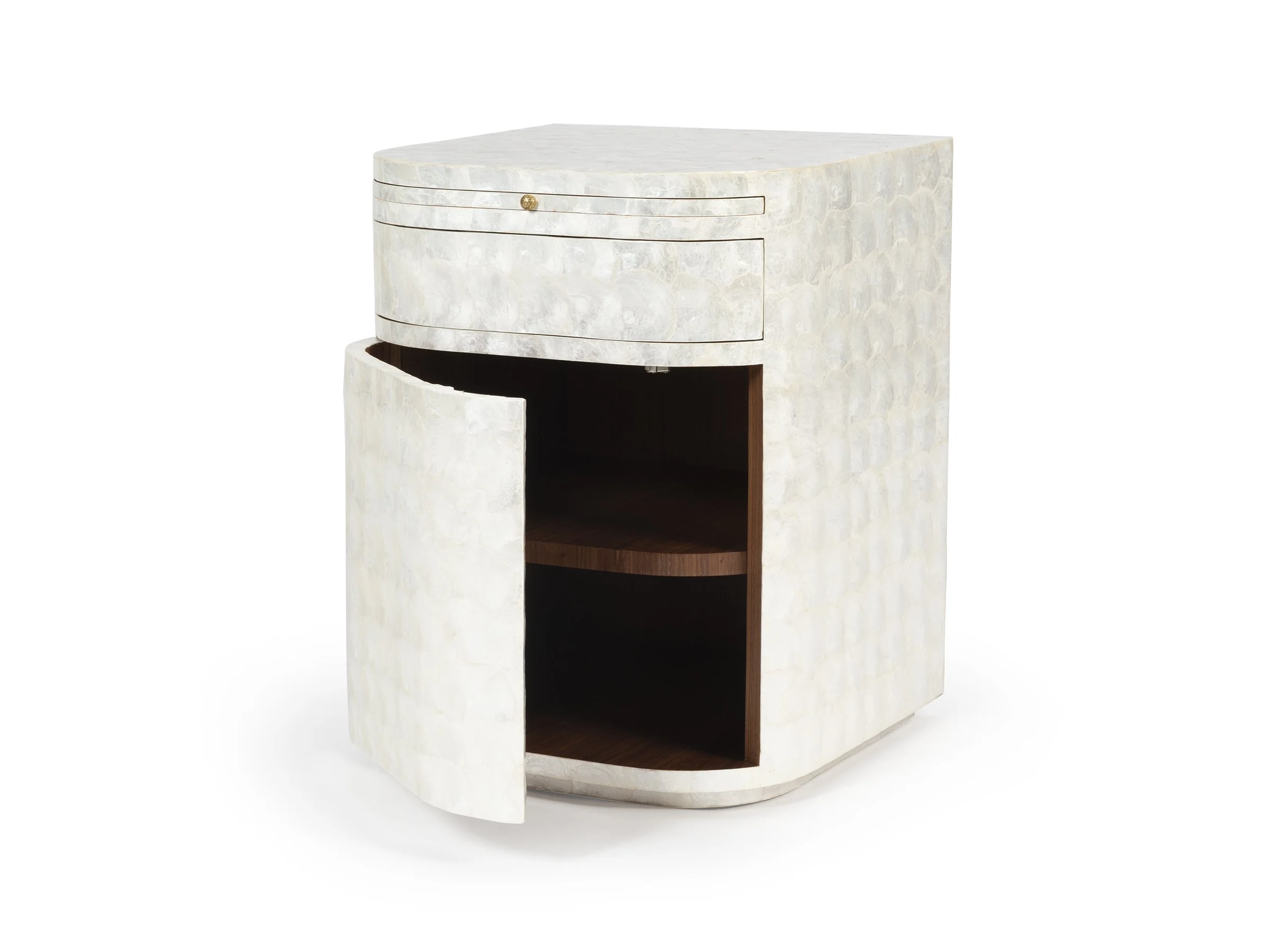 The Rita Stand with door open, revealing interior shelf in capiz shell finish