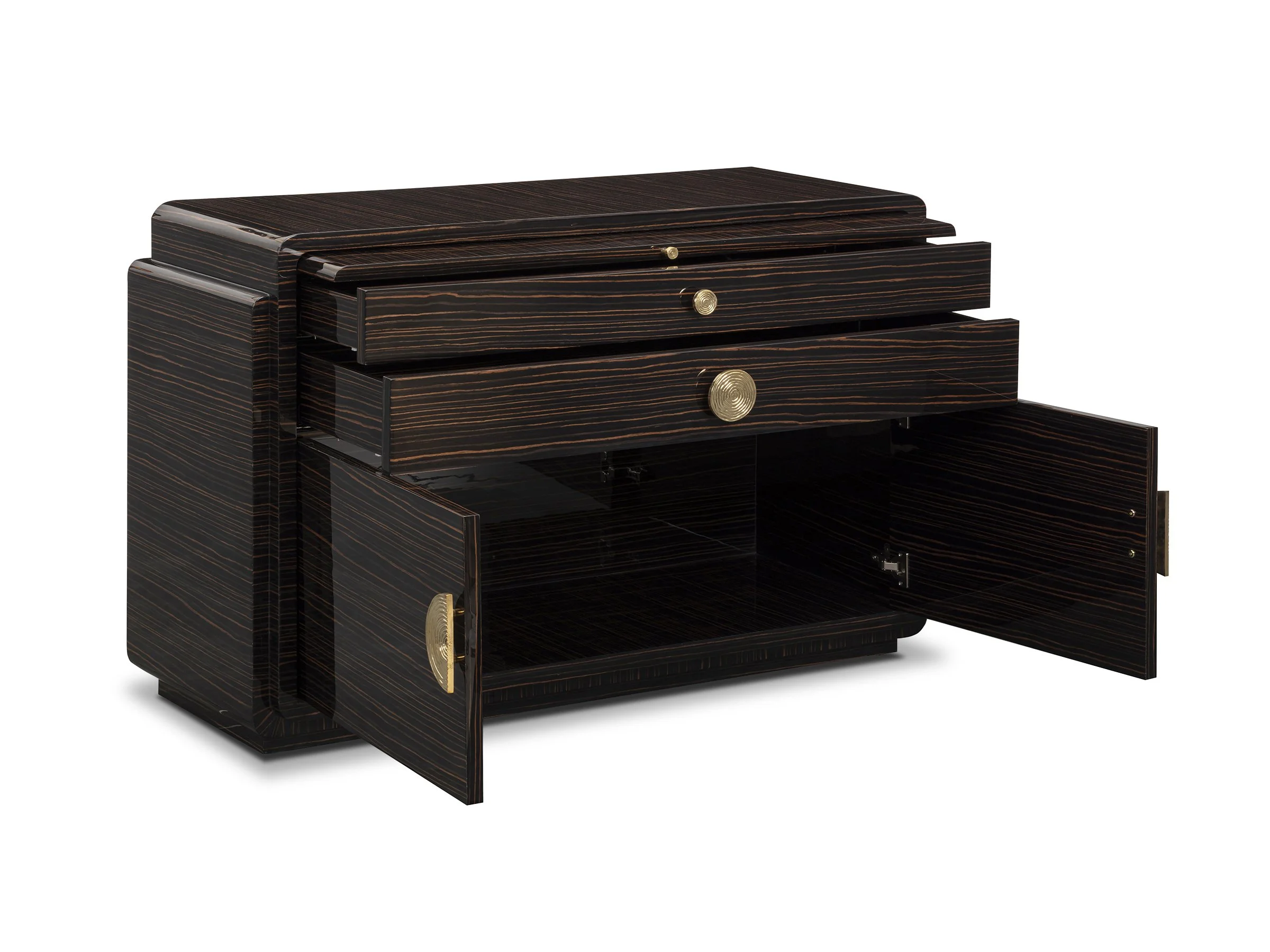 Phillip Buffet with drawers extended, revealing pull-out shelf and interior storage
