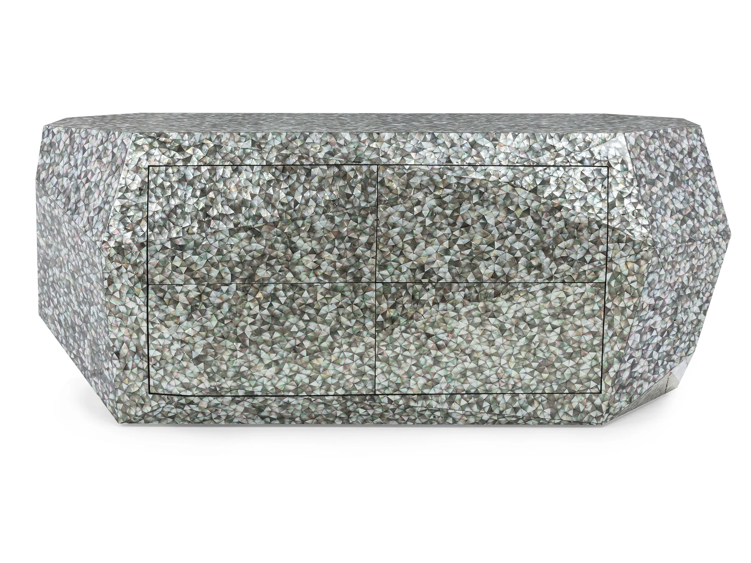 Front view of Prism Wardrobe Island in black Mother-of-Pearl showing faceted design