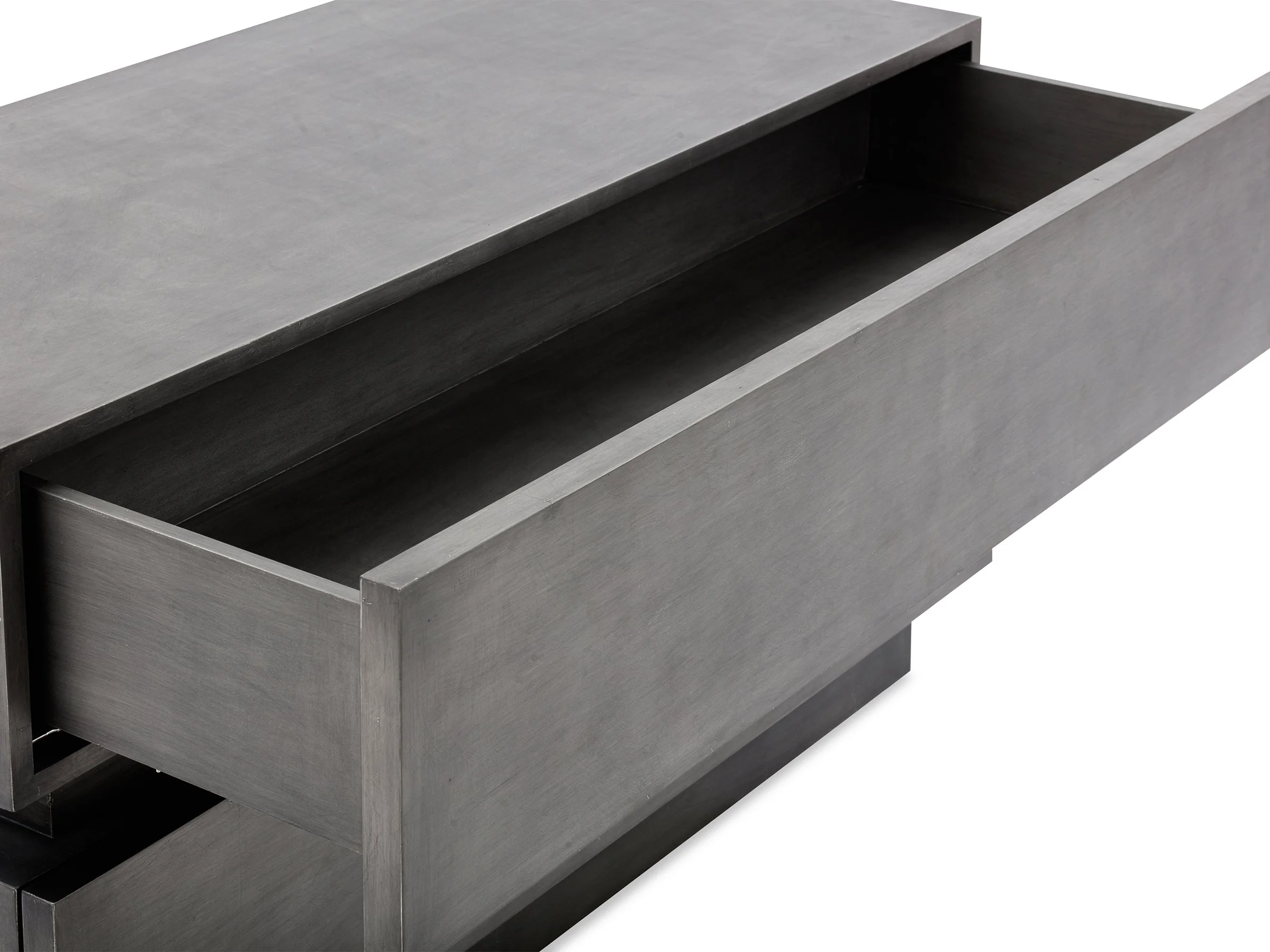 Detail view of The Oscar Stand in Tungsten Foil Lacquer with drawer open