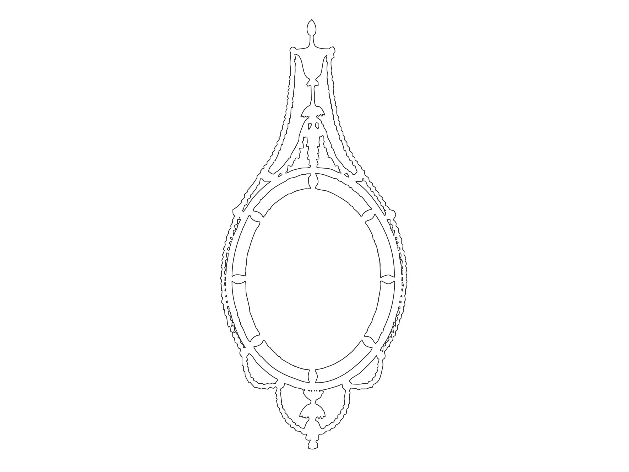 Line drawing of the Adam Mirror showing its intricate, sculptural silhouette and elongated neoclassical form.