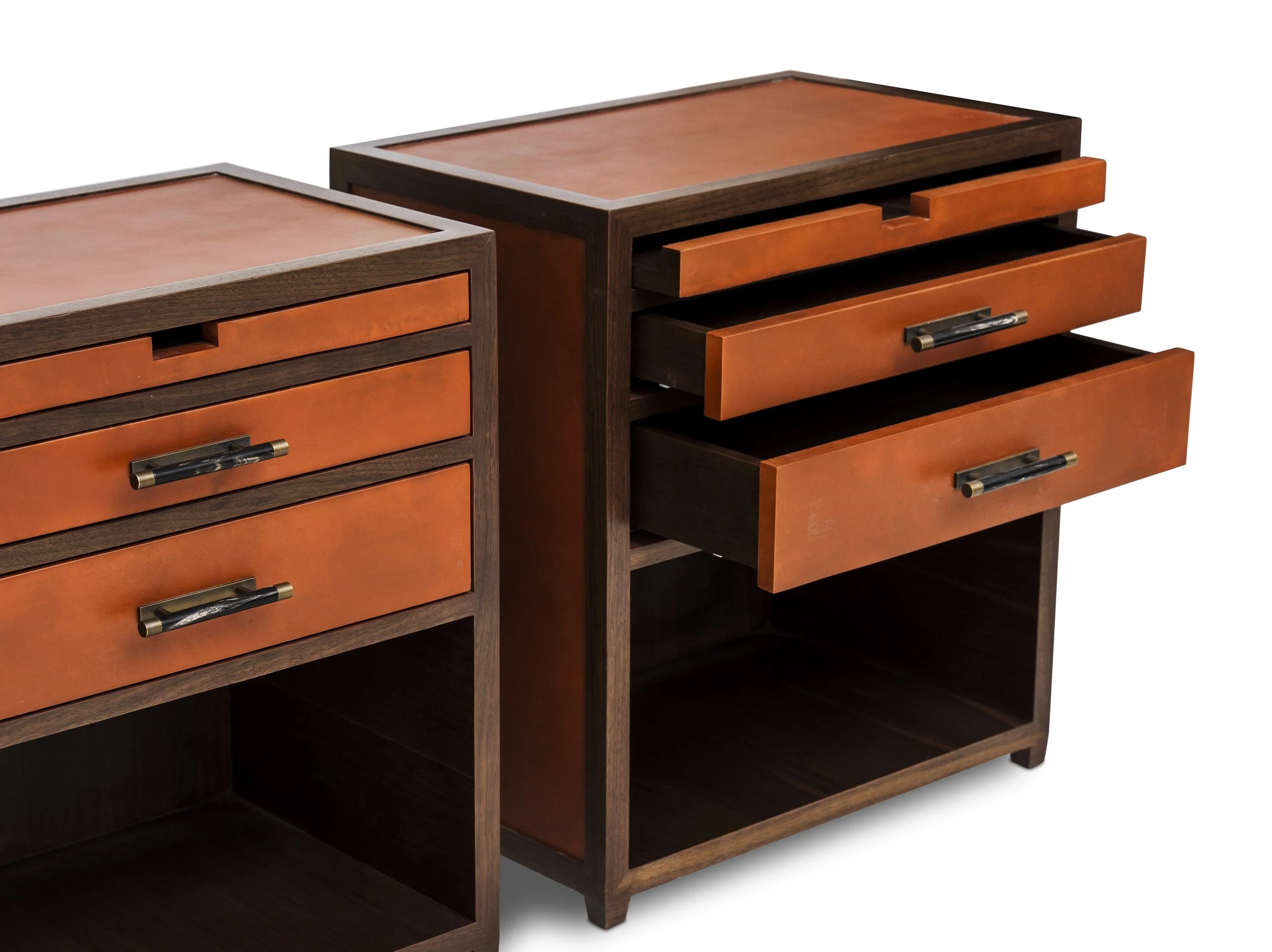 Pair of Zelda Nightstands in Tobacco parchment and walnut finish with drawers open.