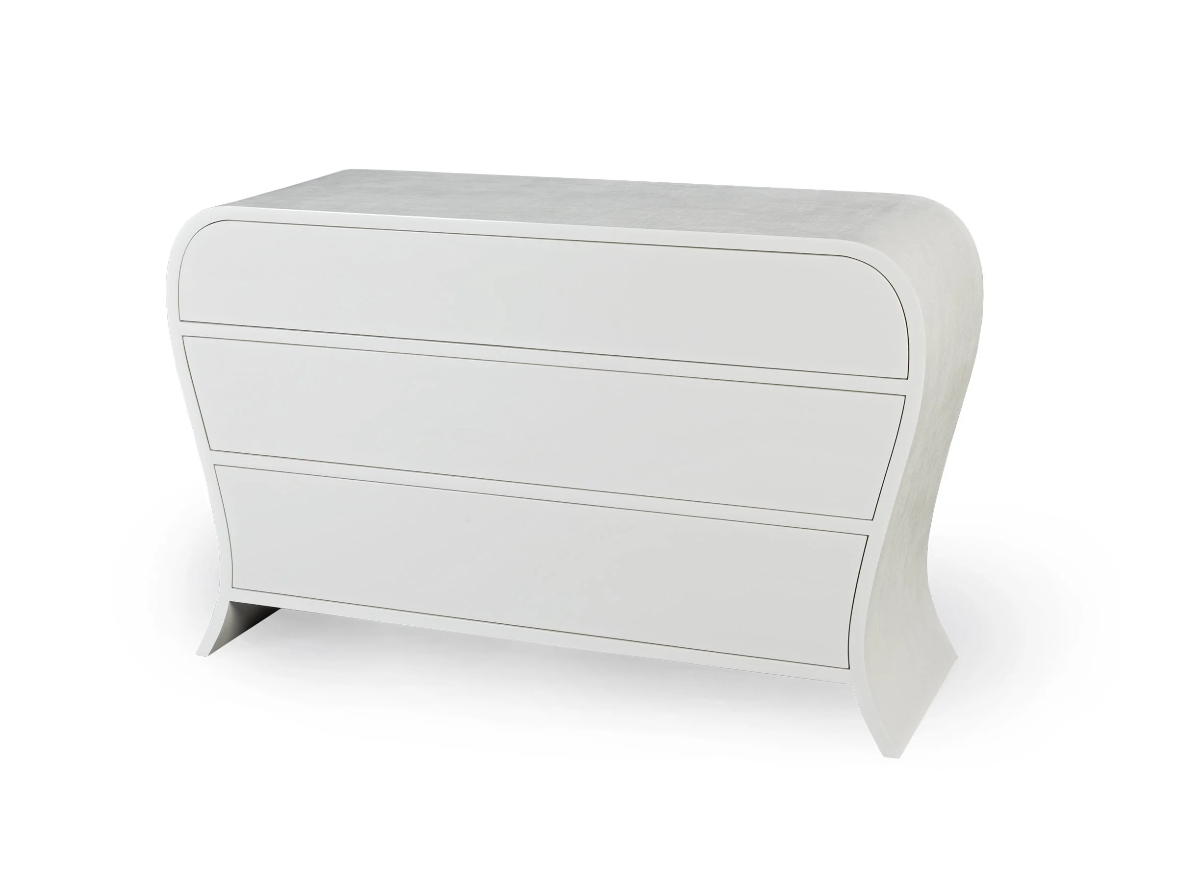 Edna Dresser in Talc Lacquered Linen – angled view showcasing curved silhouette