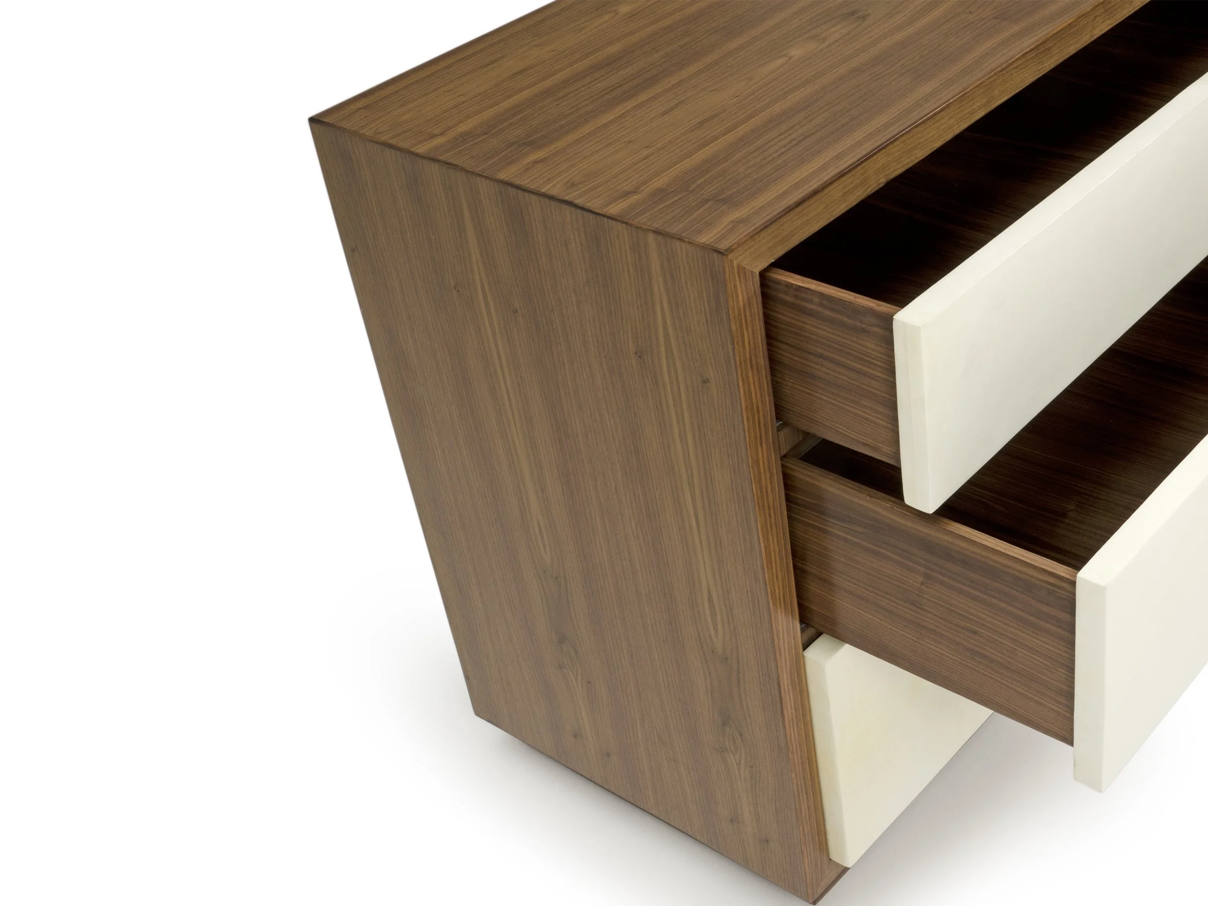 Side angle of The William Chest showing open push-to-open drawers and walnut frame
