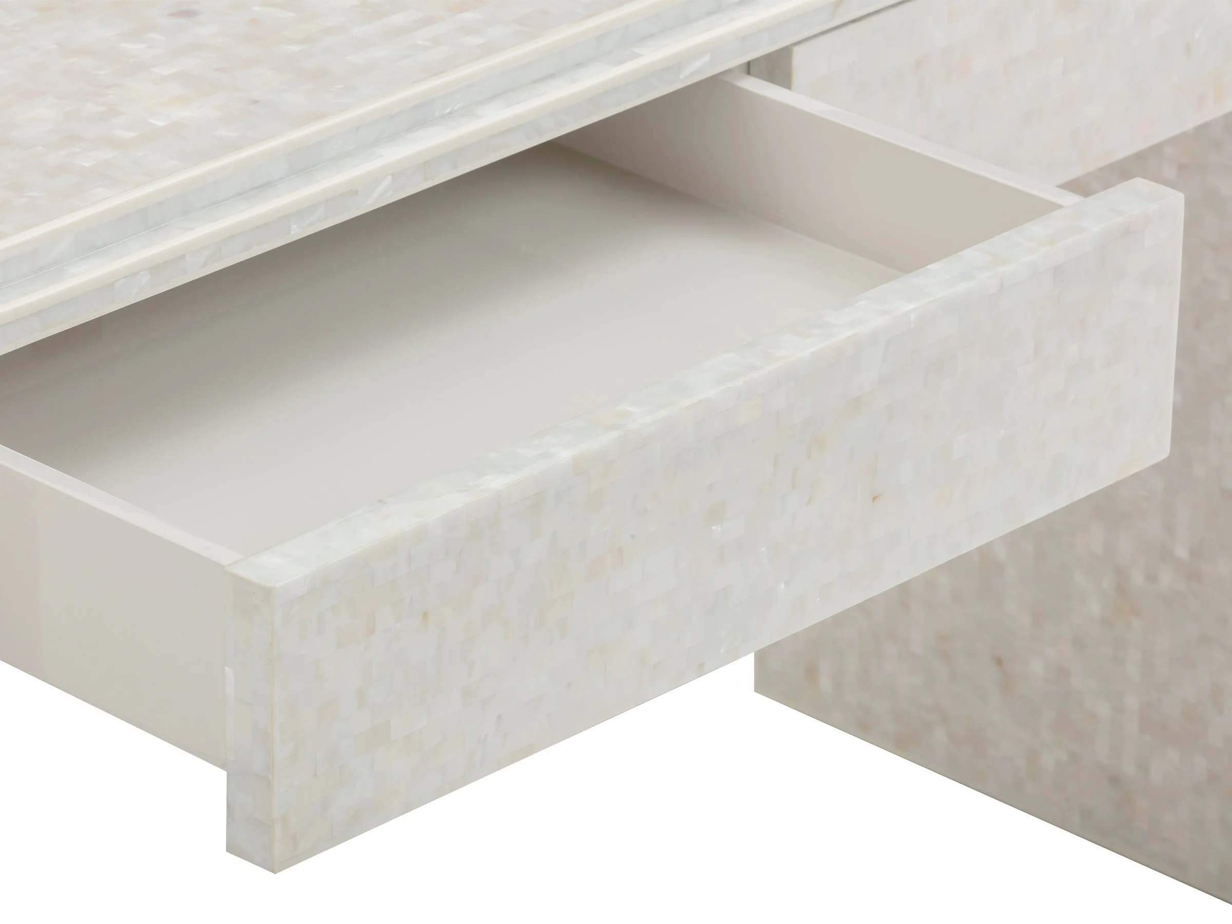 Albert Desk in white mother of pearl finish with two drawers.