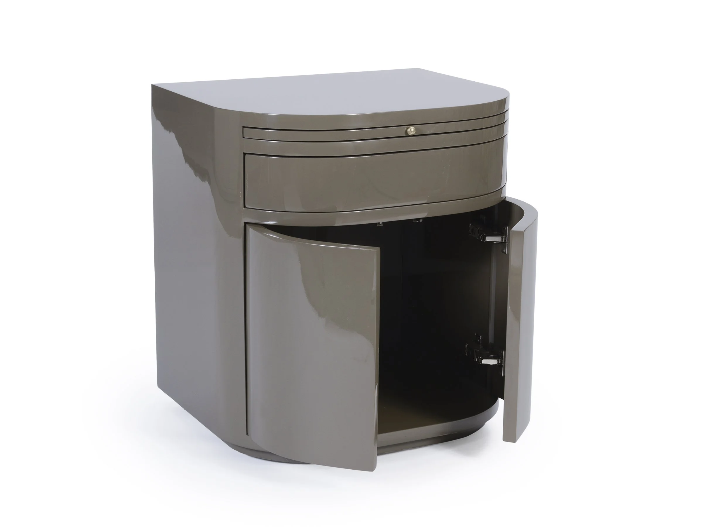 Angled view of The Rita Cabinet in Cavern Lacquer with doors open