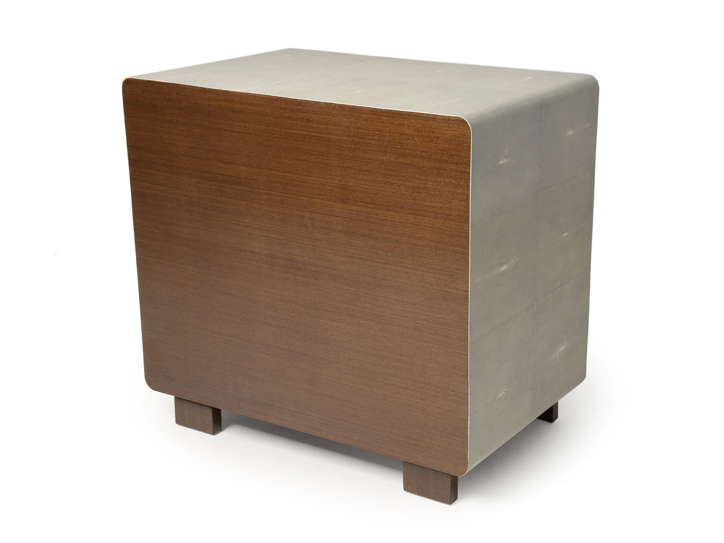 Glenn Stand in watergrey shagreen finish with bronze pulls, back view