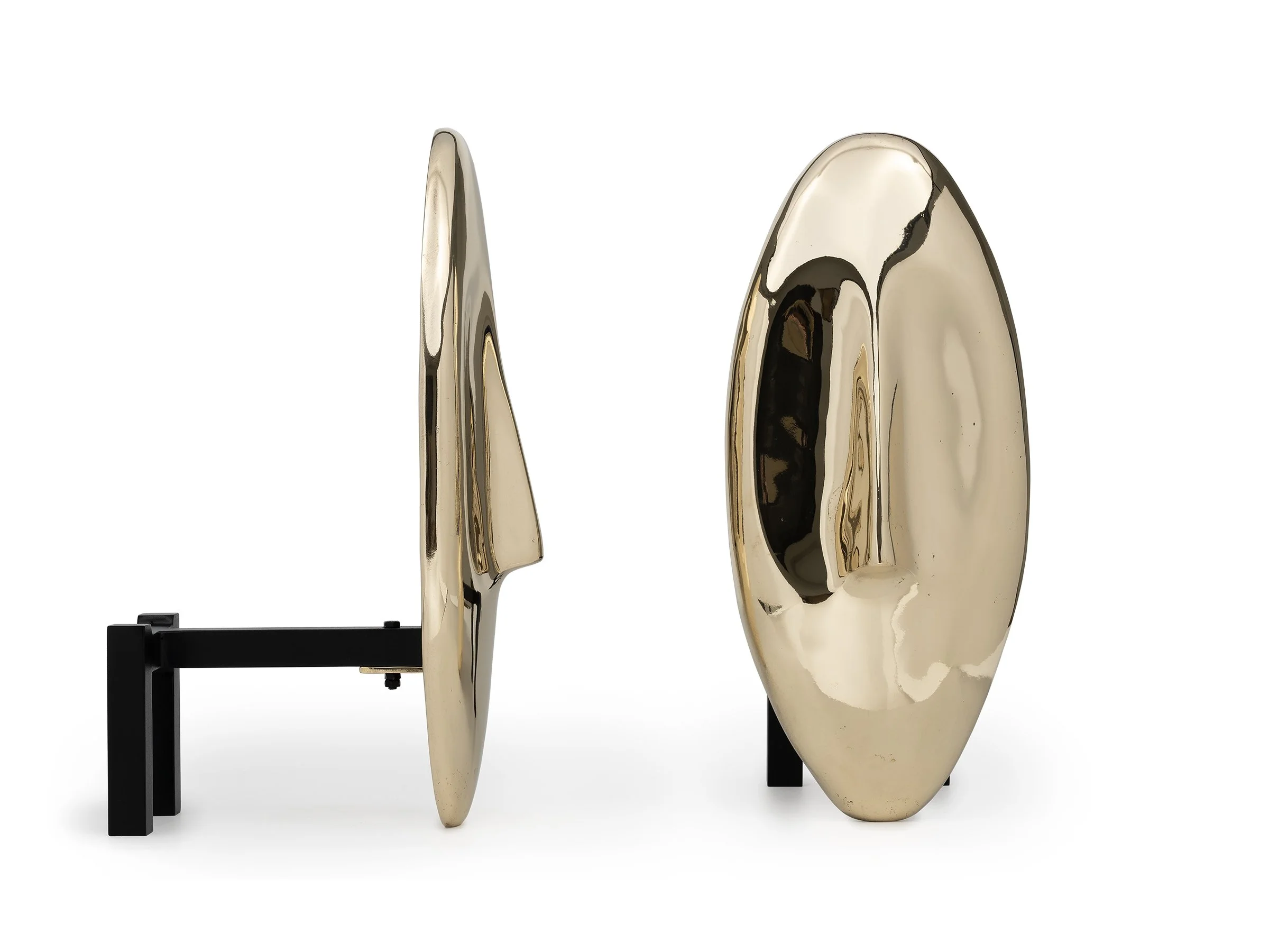 Side profile of Face Andirons highlighting polished finish and elongated shape
