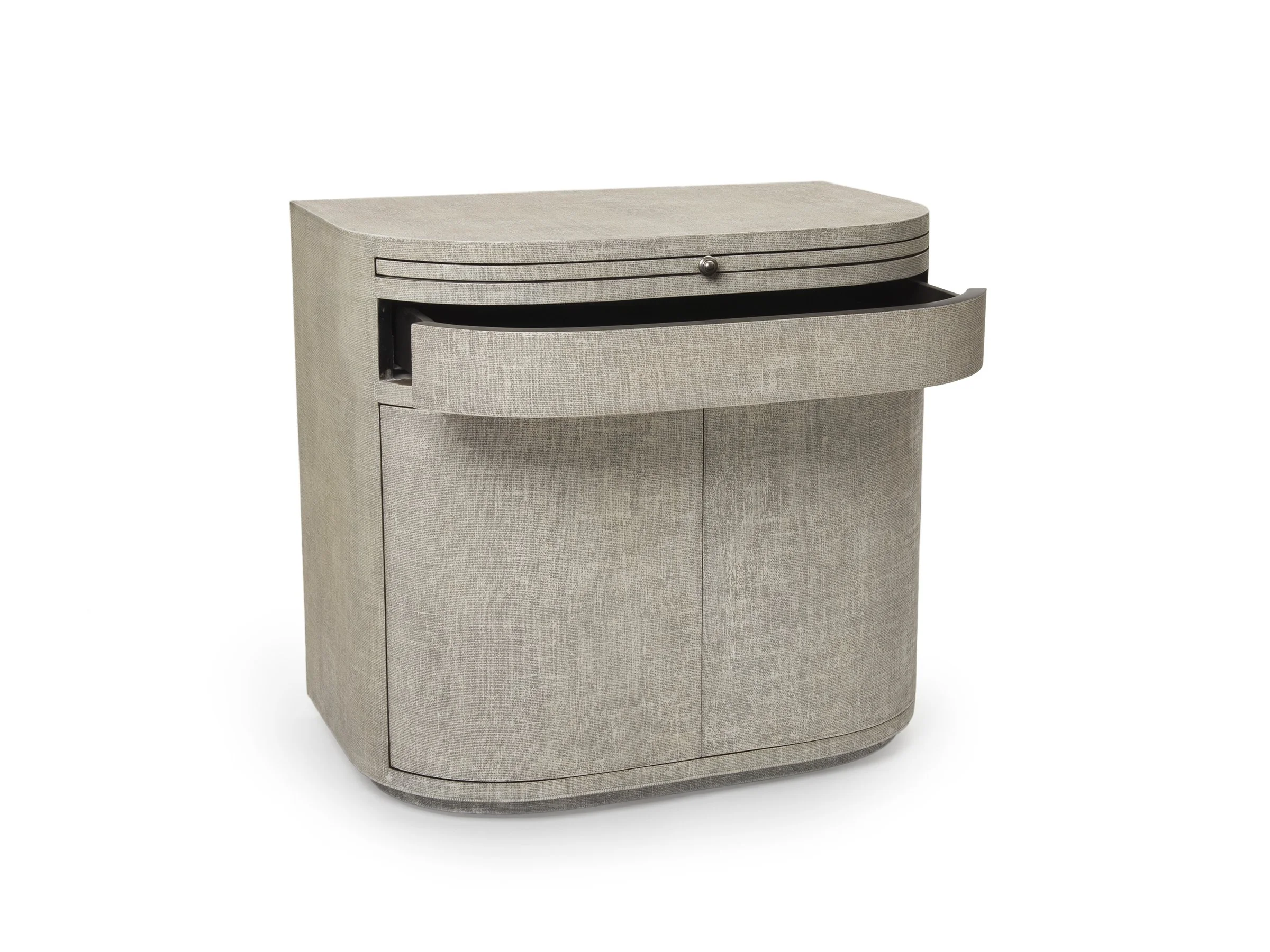 Angled view of The Rita Cabinet in Snow lacquered linen with drawer open.