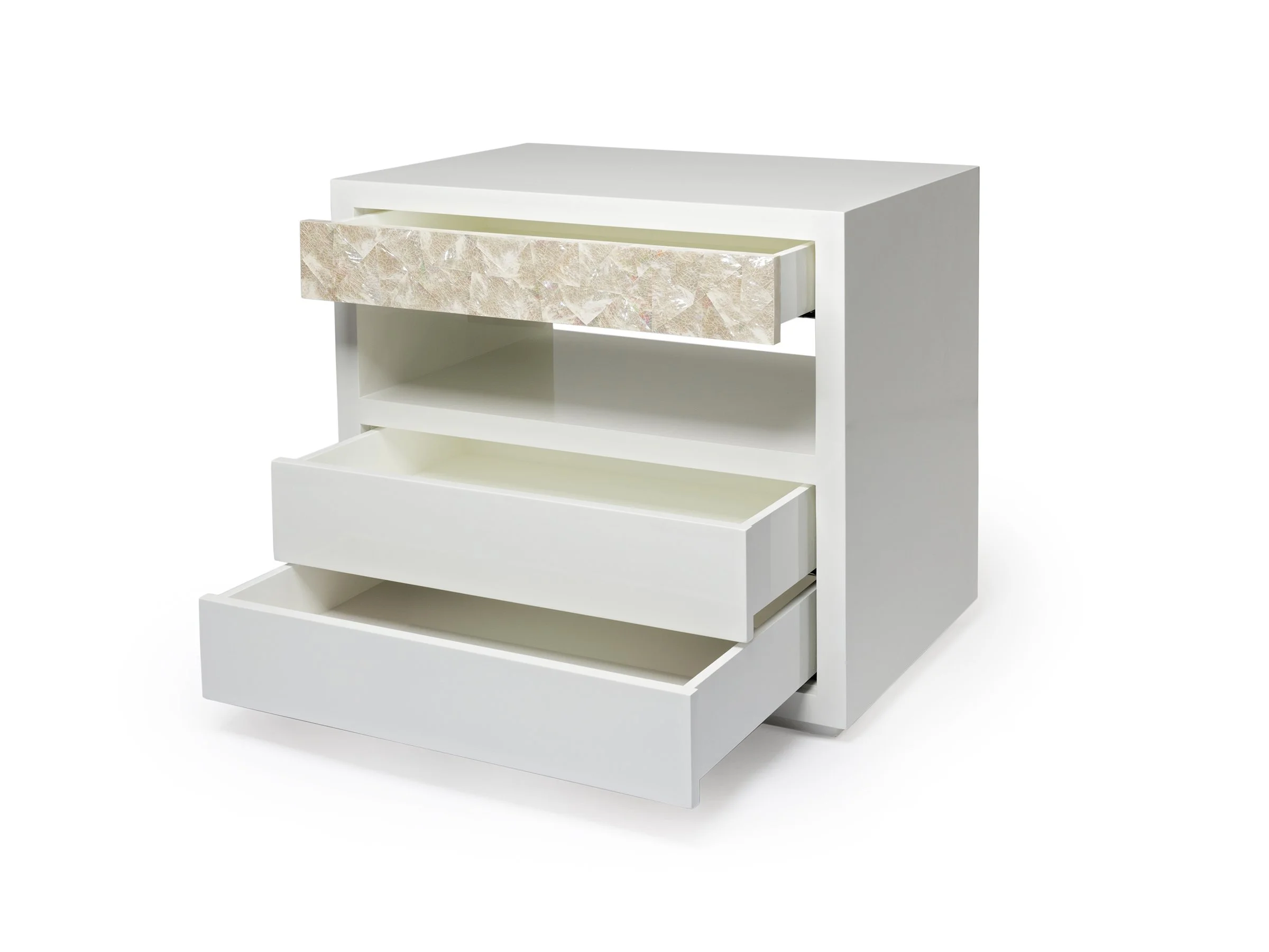 Front view of the Jean Cabinet in Talc Lacquered Linen with White Mother-of-Pearl drawers open.
