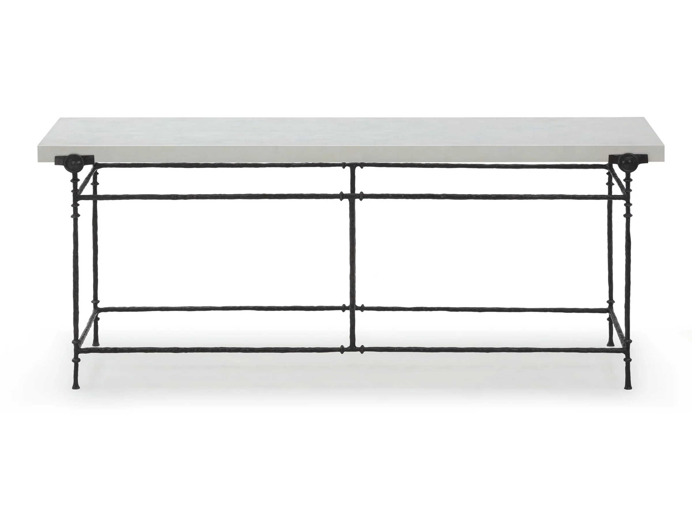 Lafoe Console shown in architectural brown bronze base with White Brushed Eggshell Lacquer top, front view