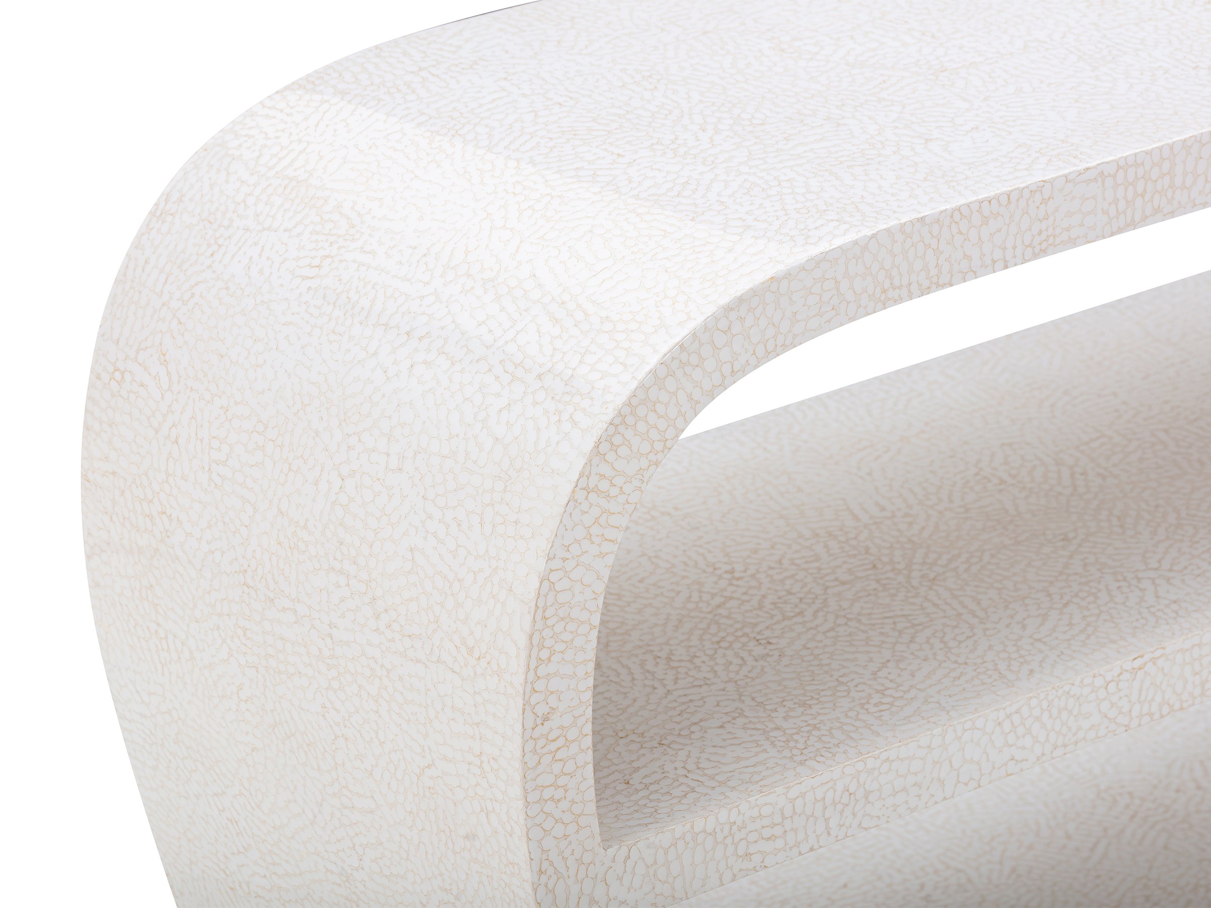 Detail view of Edna Console showing close-up of the hand-applied eggshell lacquer finish