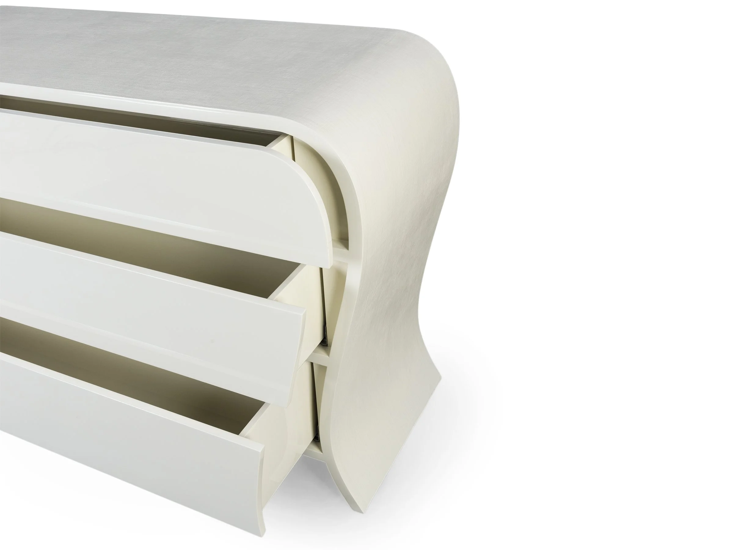 Edna Dresser in Talc Lacquered Linen with drawers partially open, showing interior storage