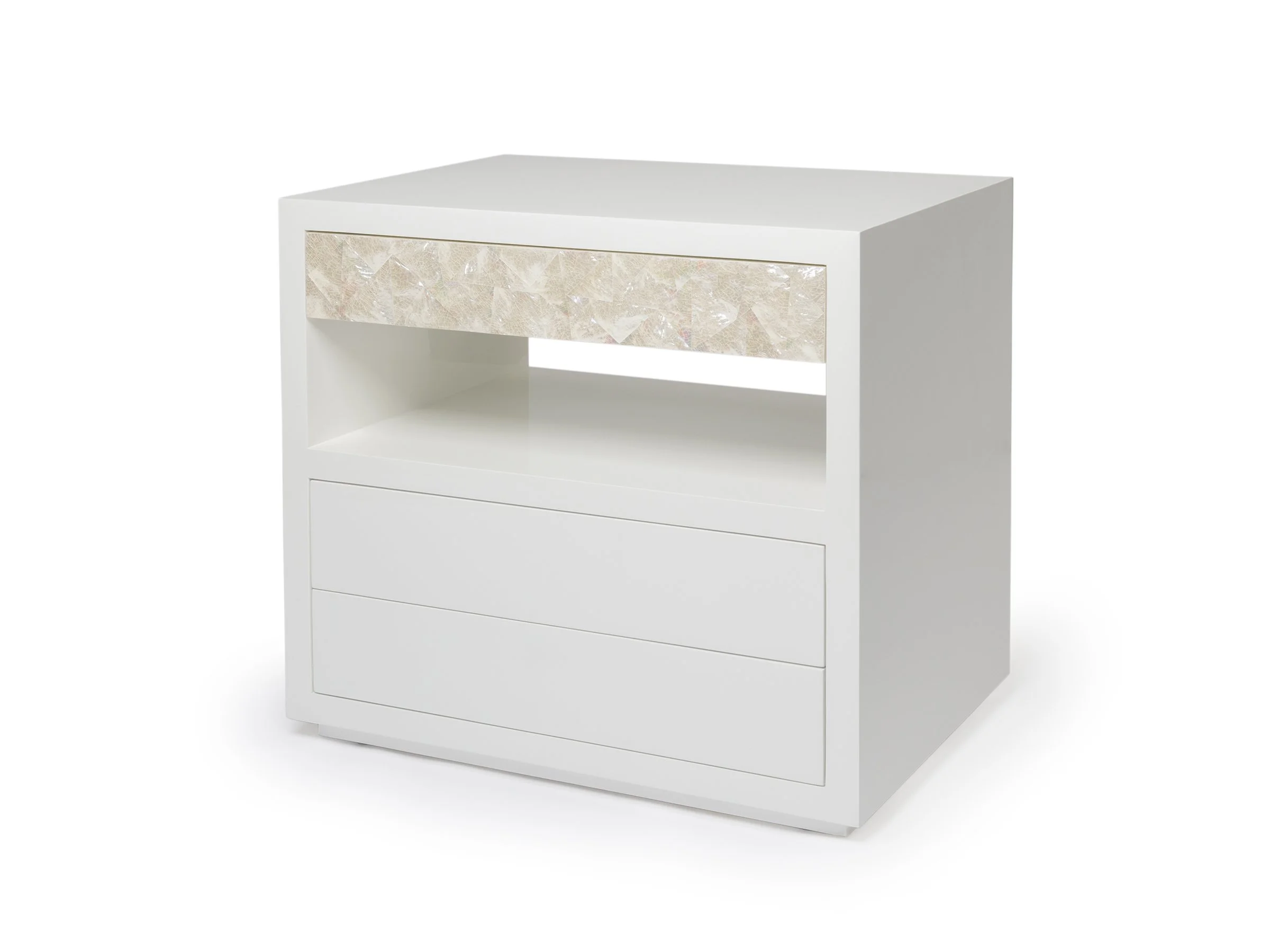 Front view of the Jean Cabinet in Talc Lacquered Linen with White Mother-of-Pearl.