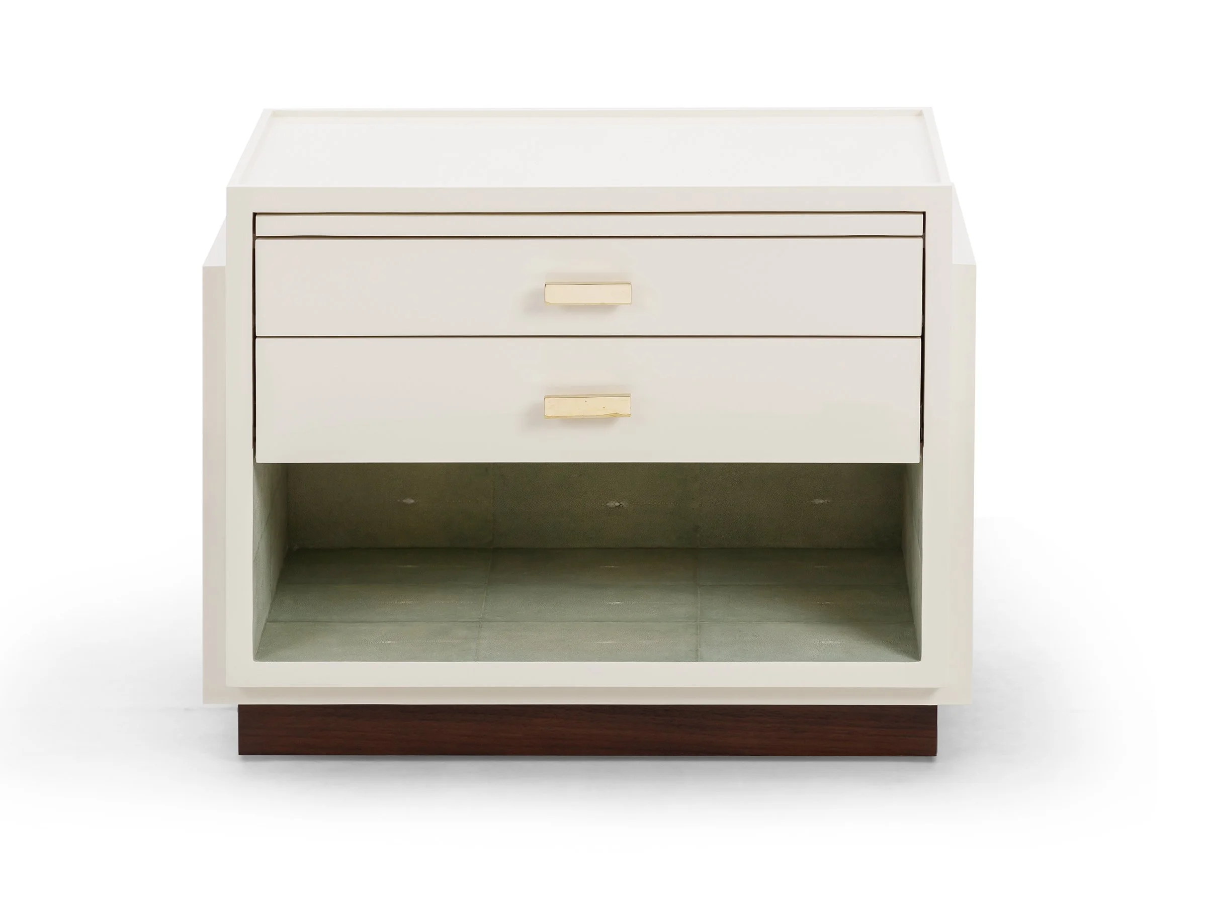 Front view of the Phillip Stand in Moonshine Lacquer with Shagreen interior