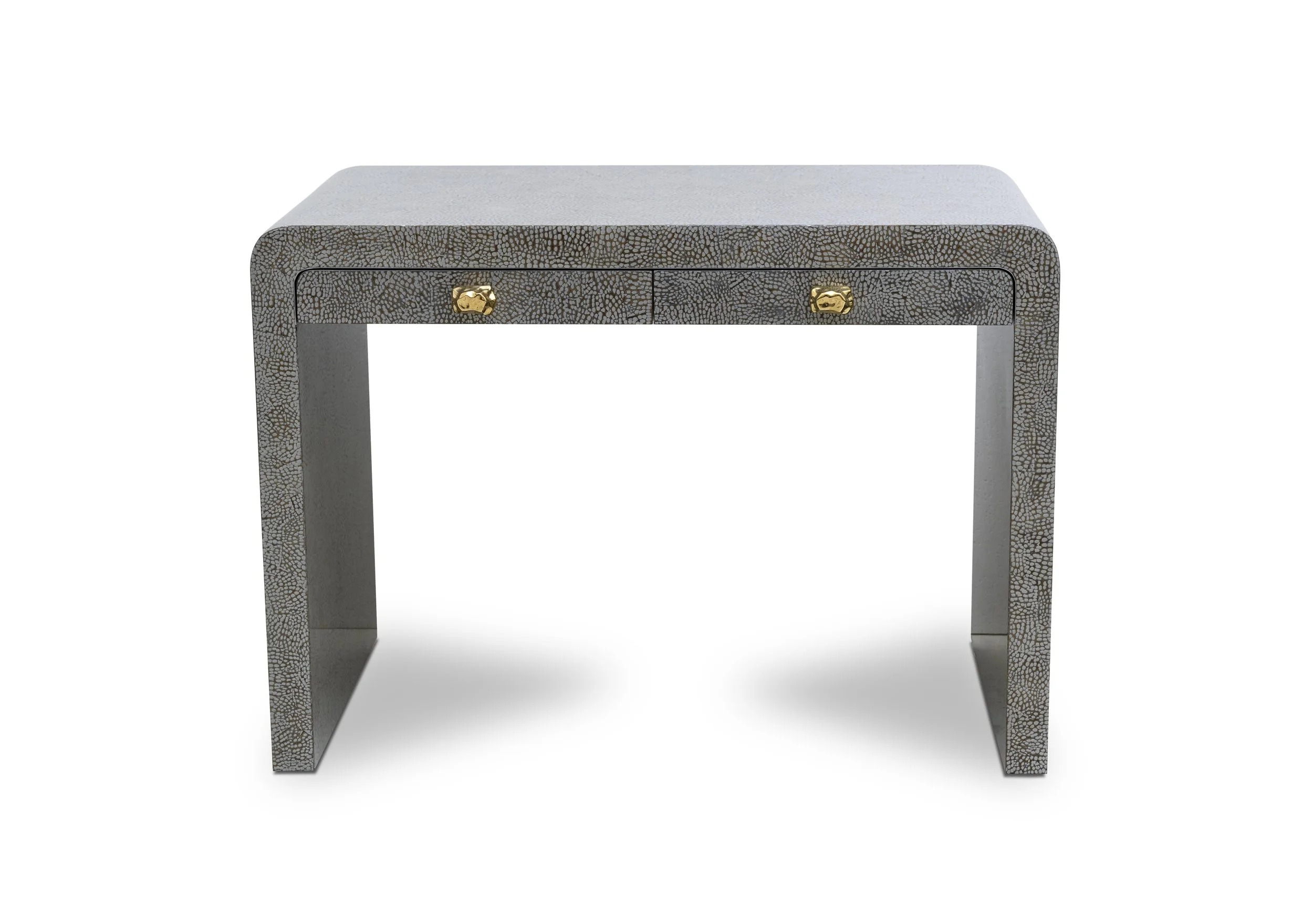 Front view of Horizon Desk in silver snakeskin eggshell lacquer with bronze pulls