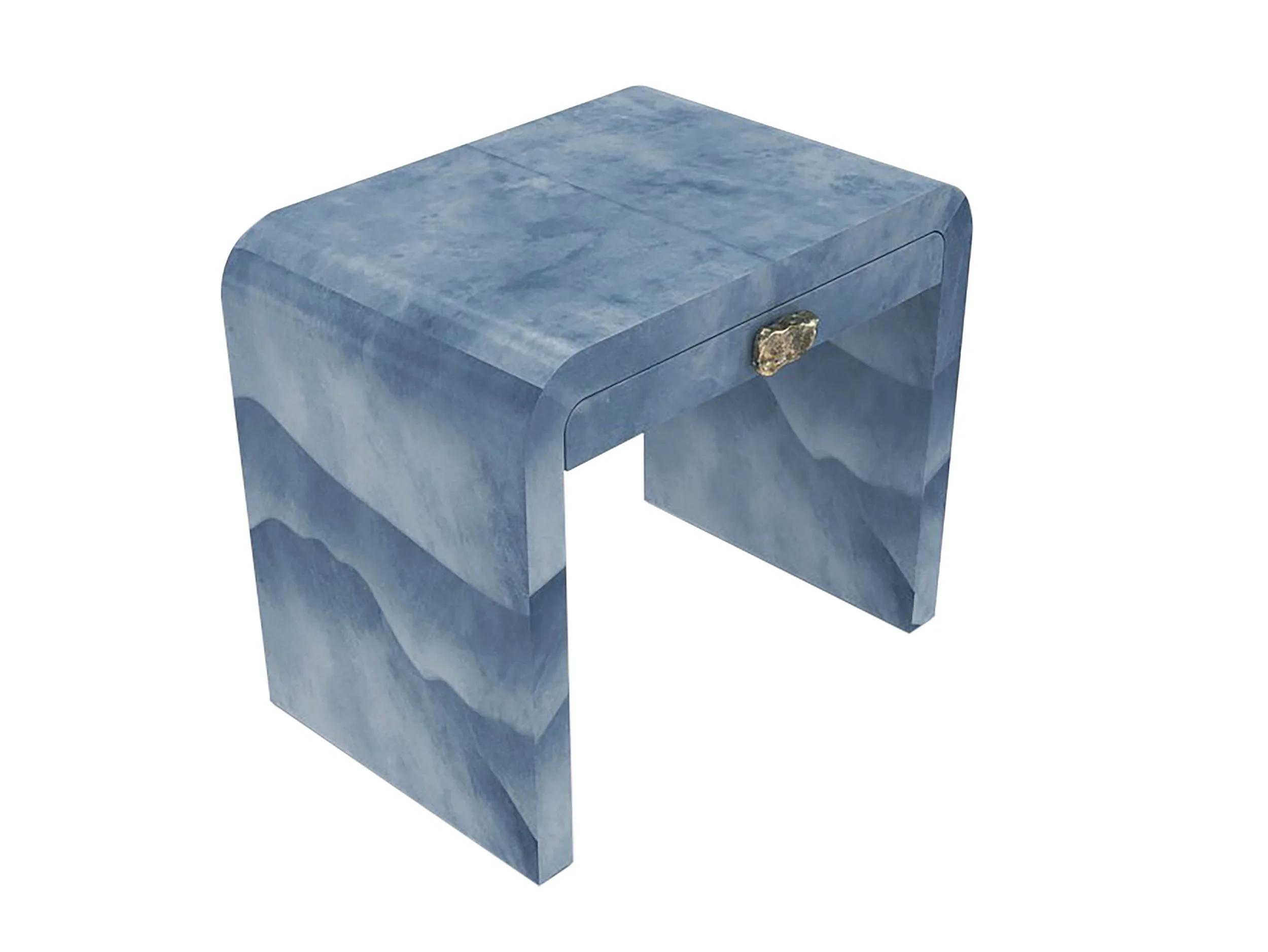 Horizon Stand in Azure Ombre parchment with Iridium hardware, angled view