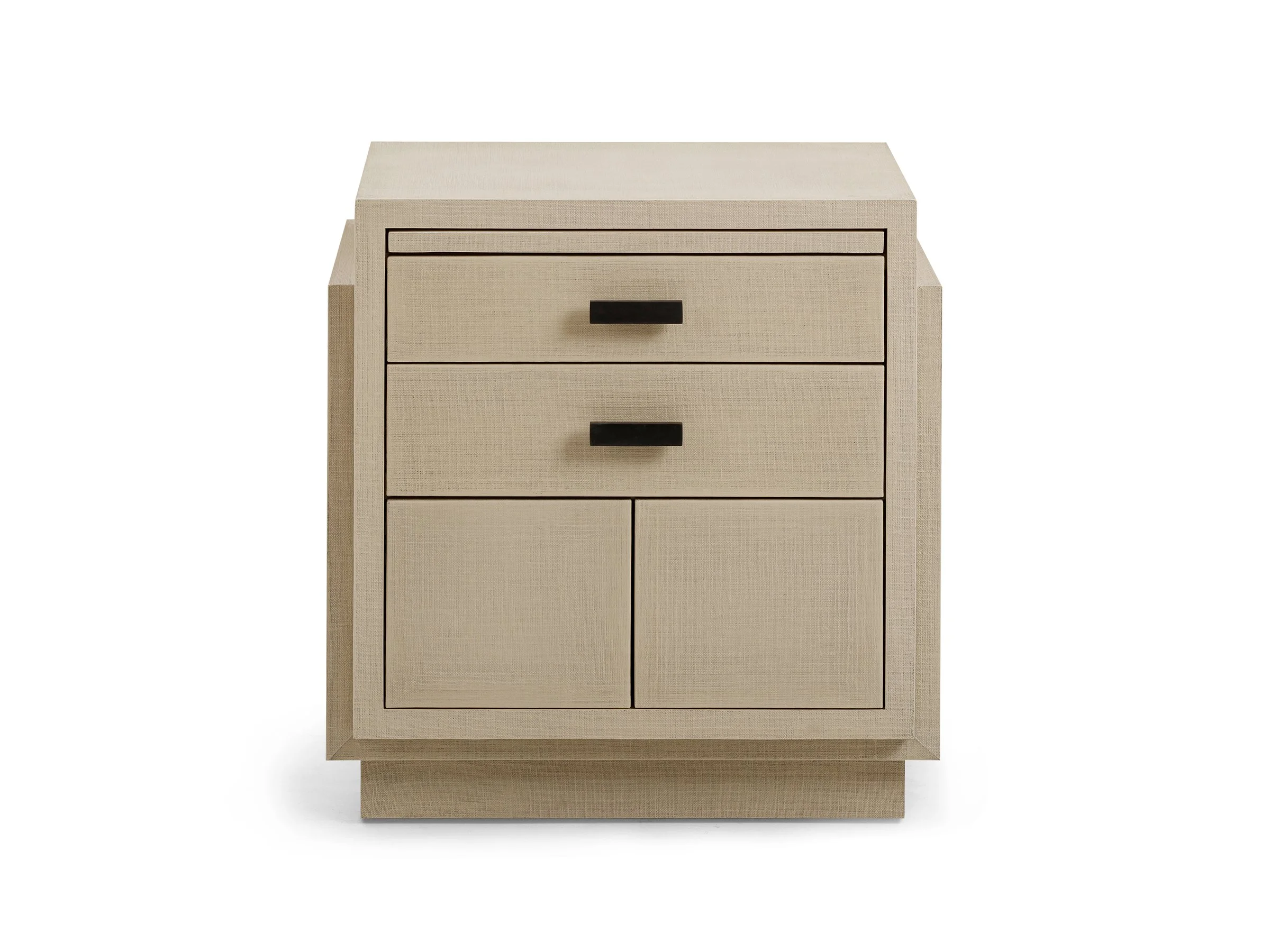 Front view of Phillip Cabinet in Canvas Lacquered Linen with Bronze hardware