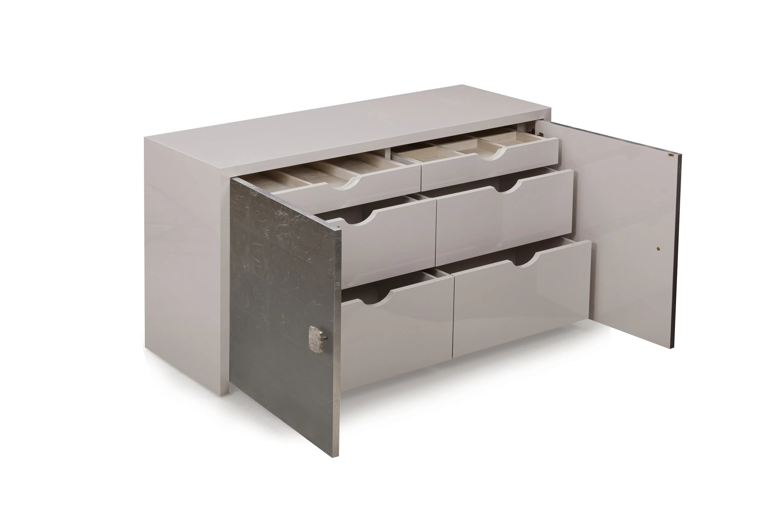 Liz Cabinet in Shoreline Lacquer with bronze handles-front view with doors open.