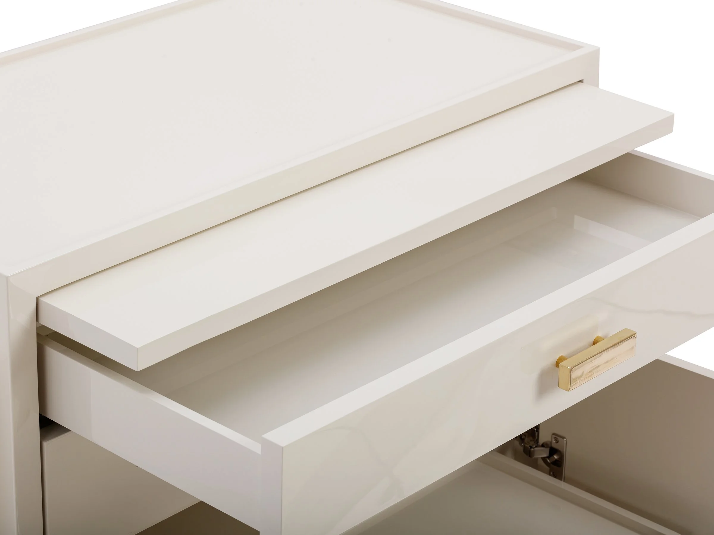 Detail view of Custom sized Phillip Cabinet in Moonshine Lacquer with drawers and doors open.