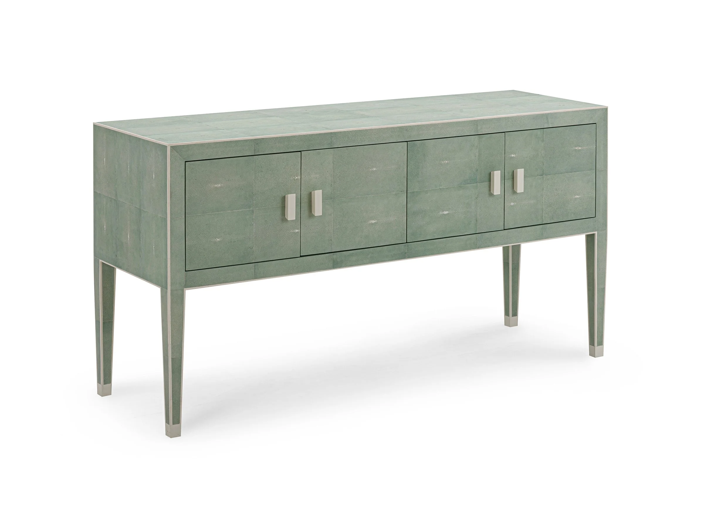 Front angle view of Matthew 4-Door Cabinet in La Mer Shagreen with minimalist hardware