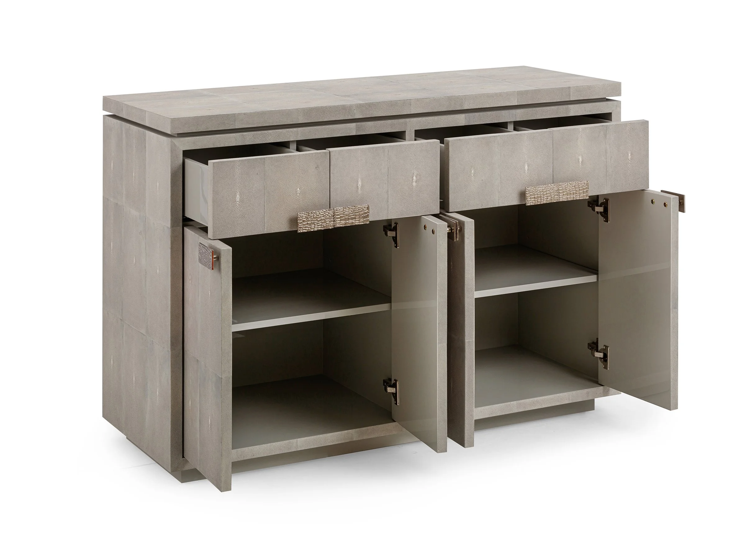 Elizabeth 4-door buffet in Watergrey Shagreen with doors and drawers open.