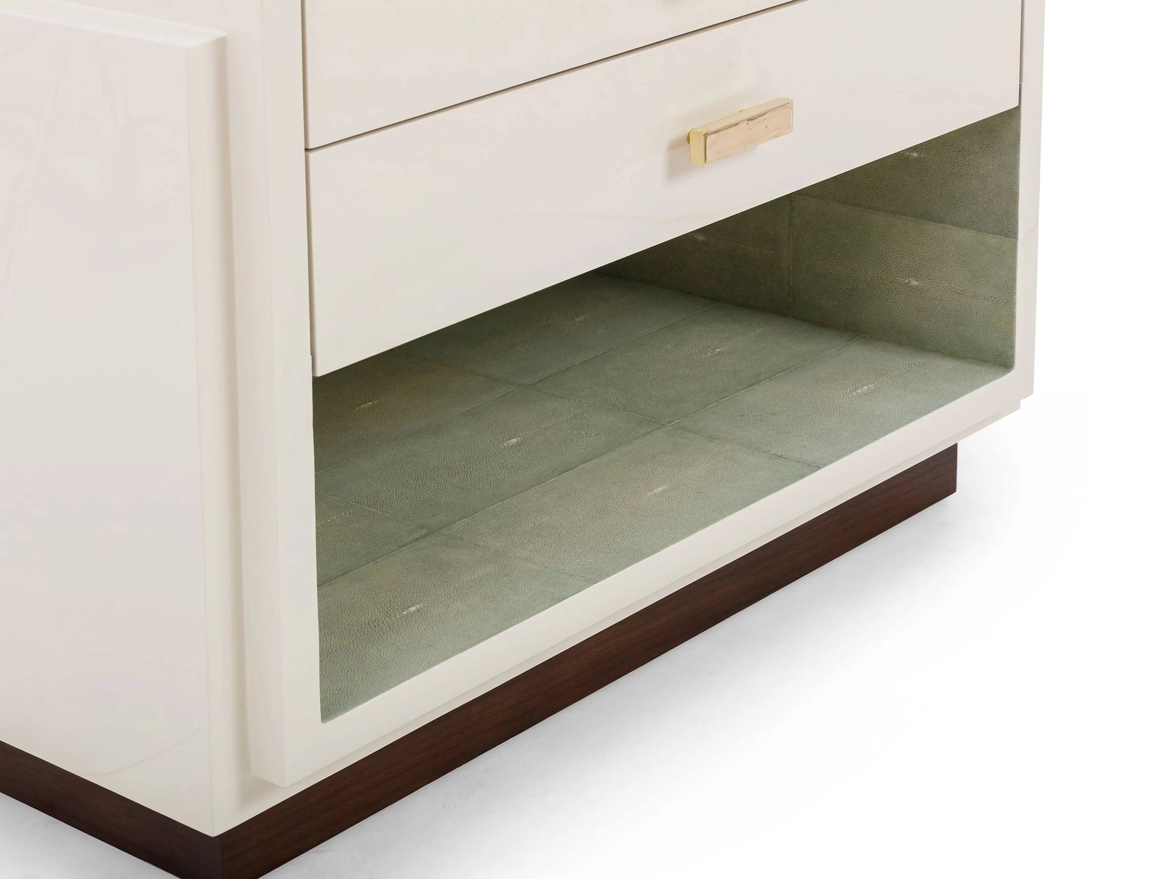 Detail view of the Phillip Stand in Moonshine Lacquer with Shagreen interior