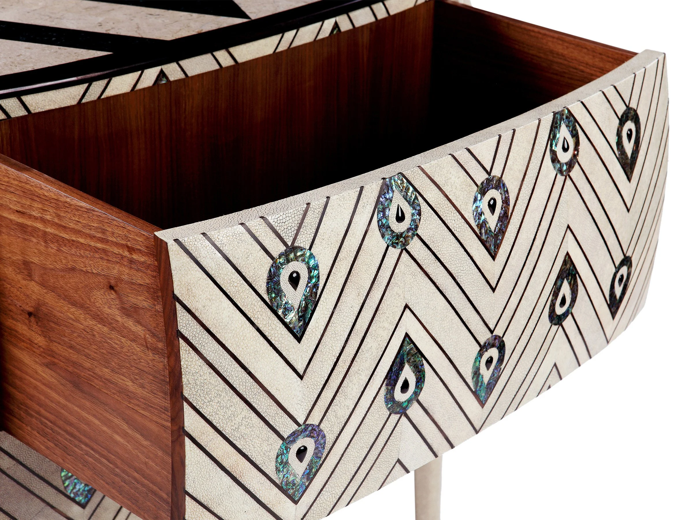 Detail view of The Royal Chest showing curved form and intricate pattern