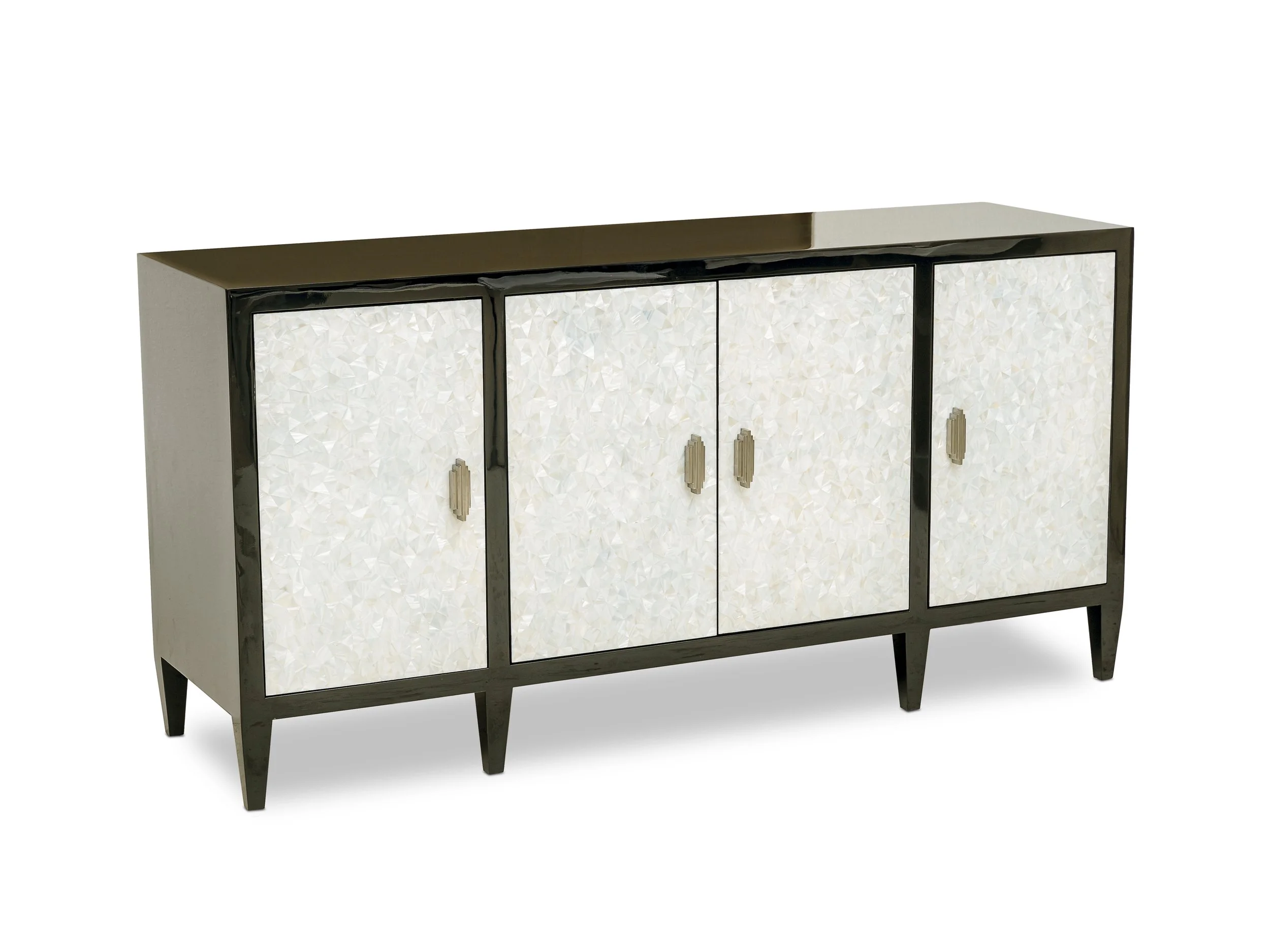 Angled view of The Mercer Credenza with dark walnut frame and luminous white mother-of-pearl fronts
